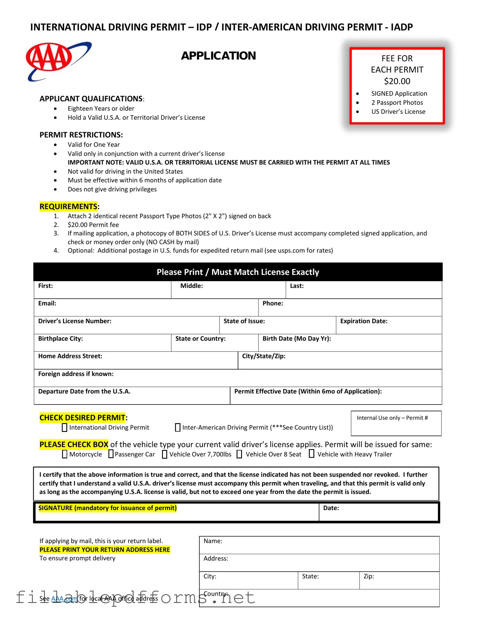 Aaa International Driving Permit Application PDF Template