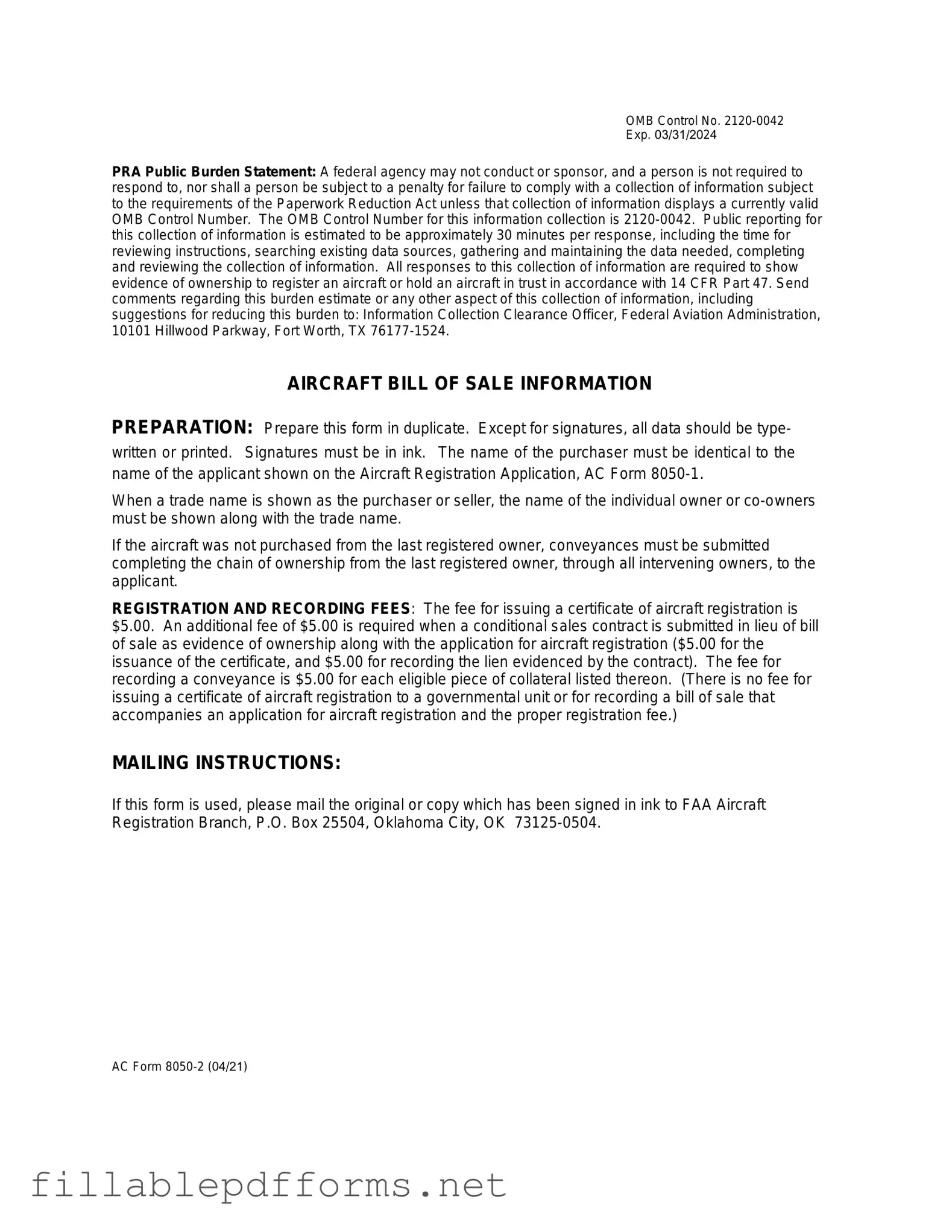 Aircraft Bill of Sale AC 8050-2 PDF Template