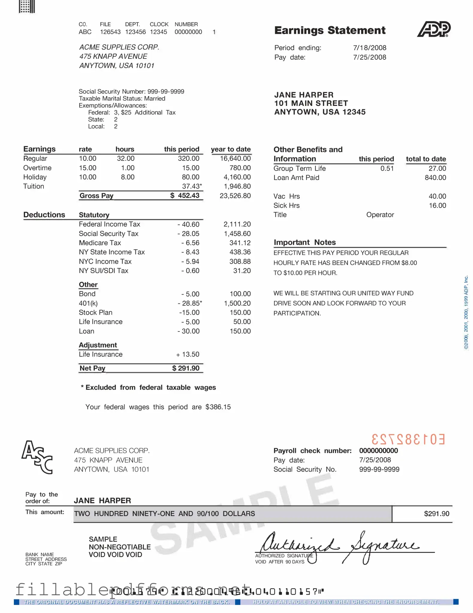 Adp Pay Stub PDF Template