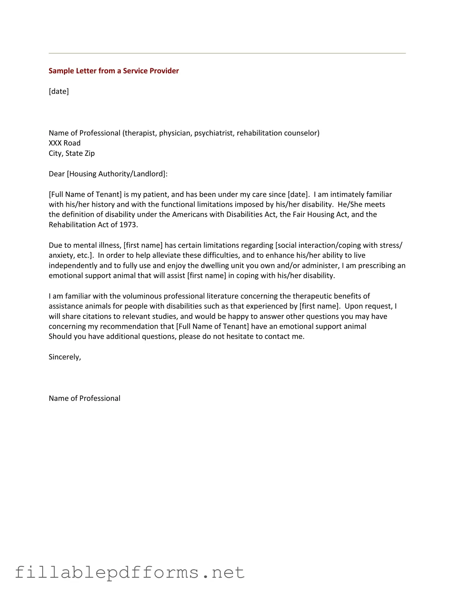 Emotional Support Animal Letter PDF Template