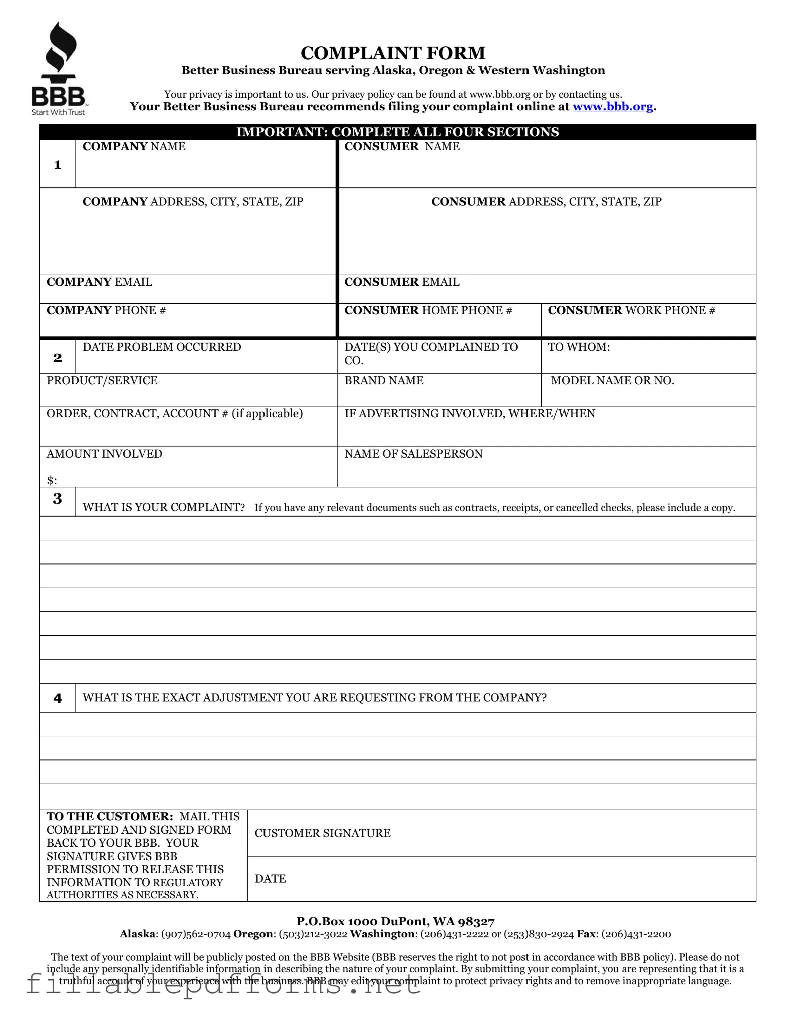 Bbb Complaint PDF Template