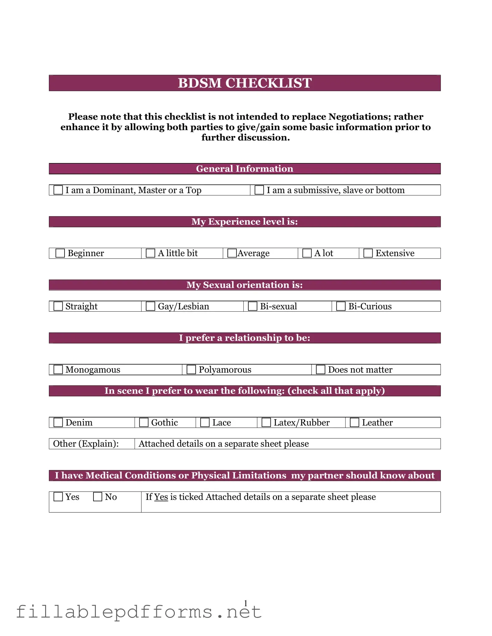 Bdsm Checklist PDF Template