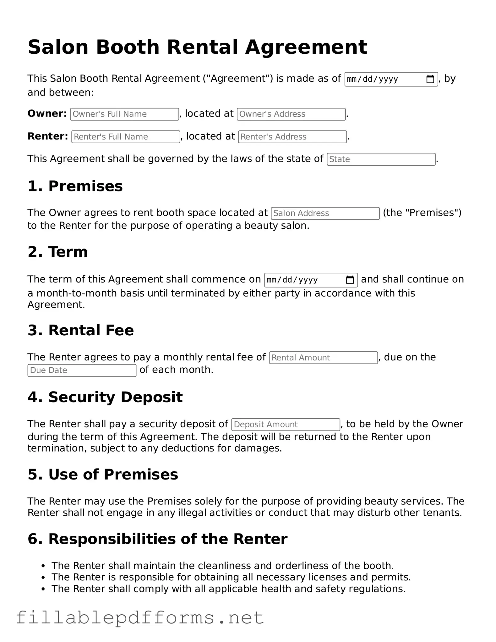 Blank Salon Booth Rental Agreement Template