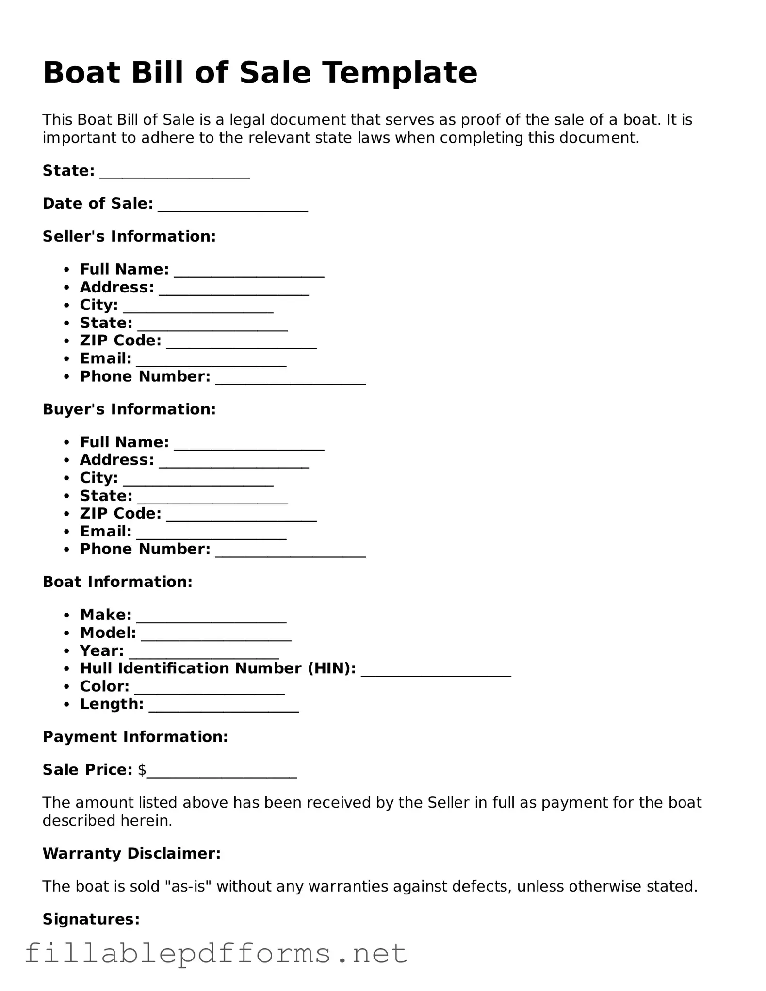 Blank Boat Bill of Sale Template