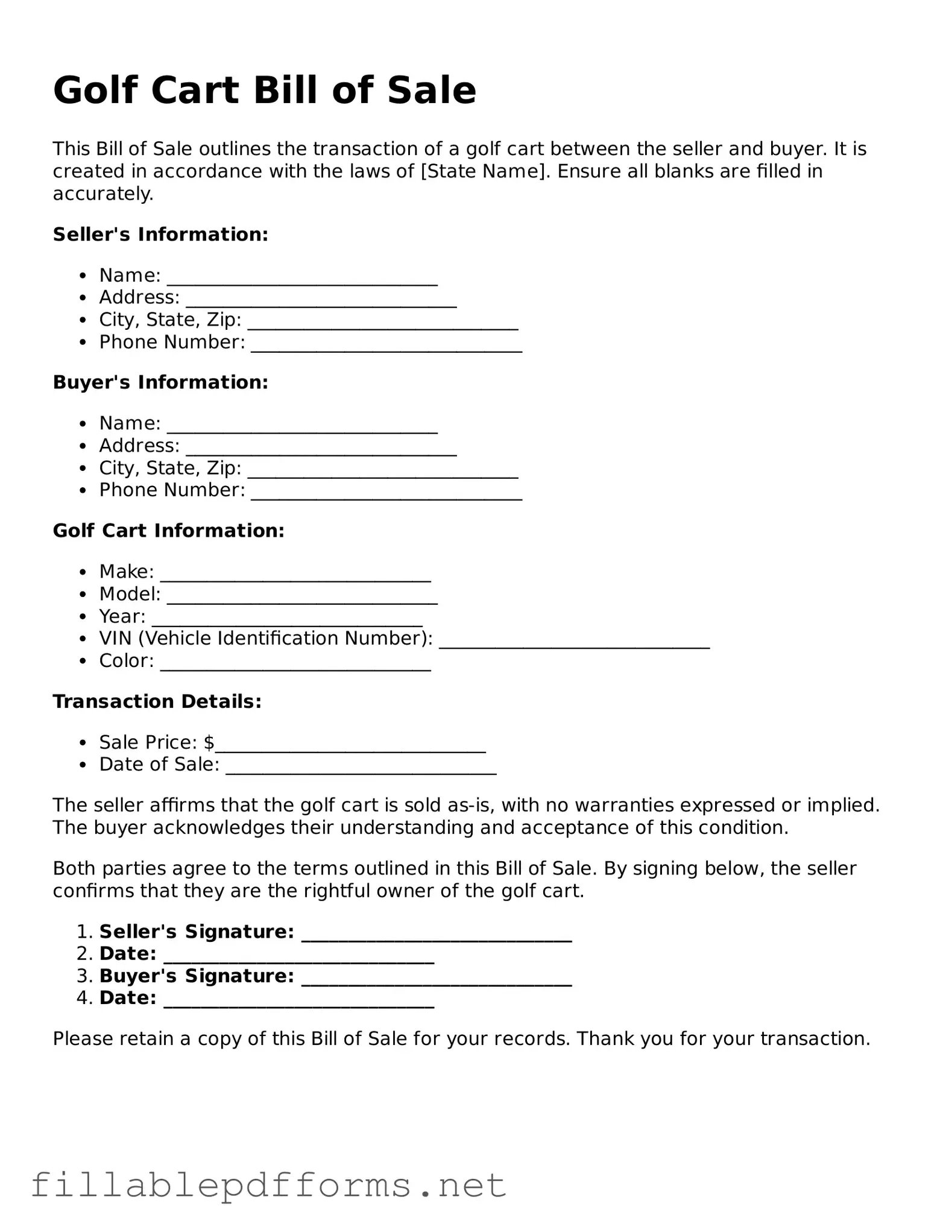 Blank Golf Cart Bill of Sale Template