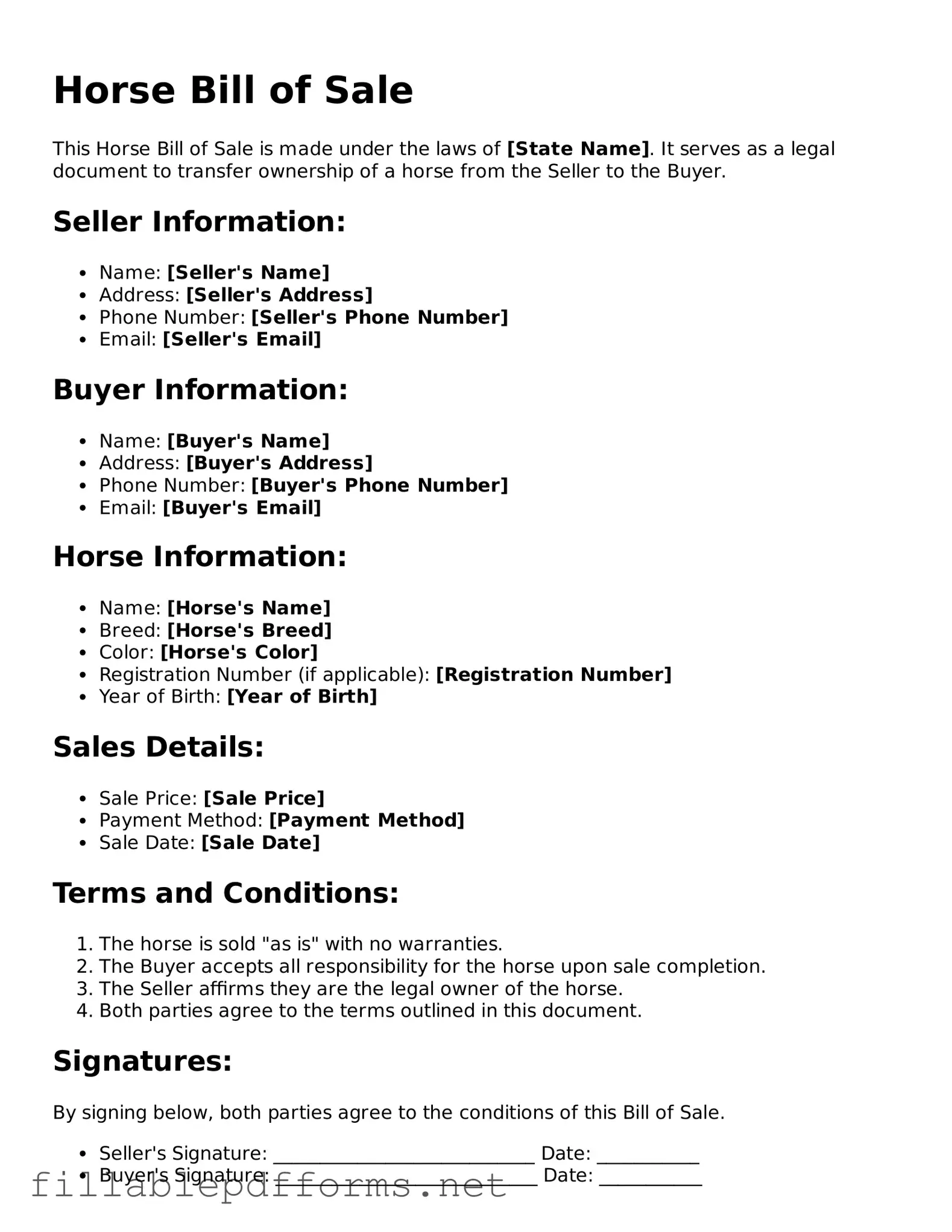 Blank Horse Bill of Sale Template