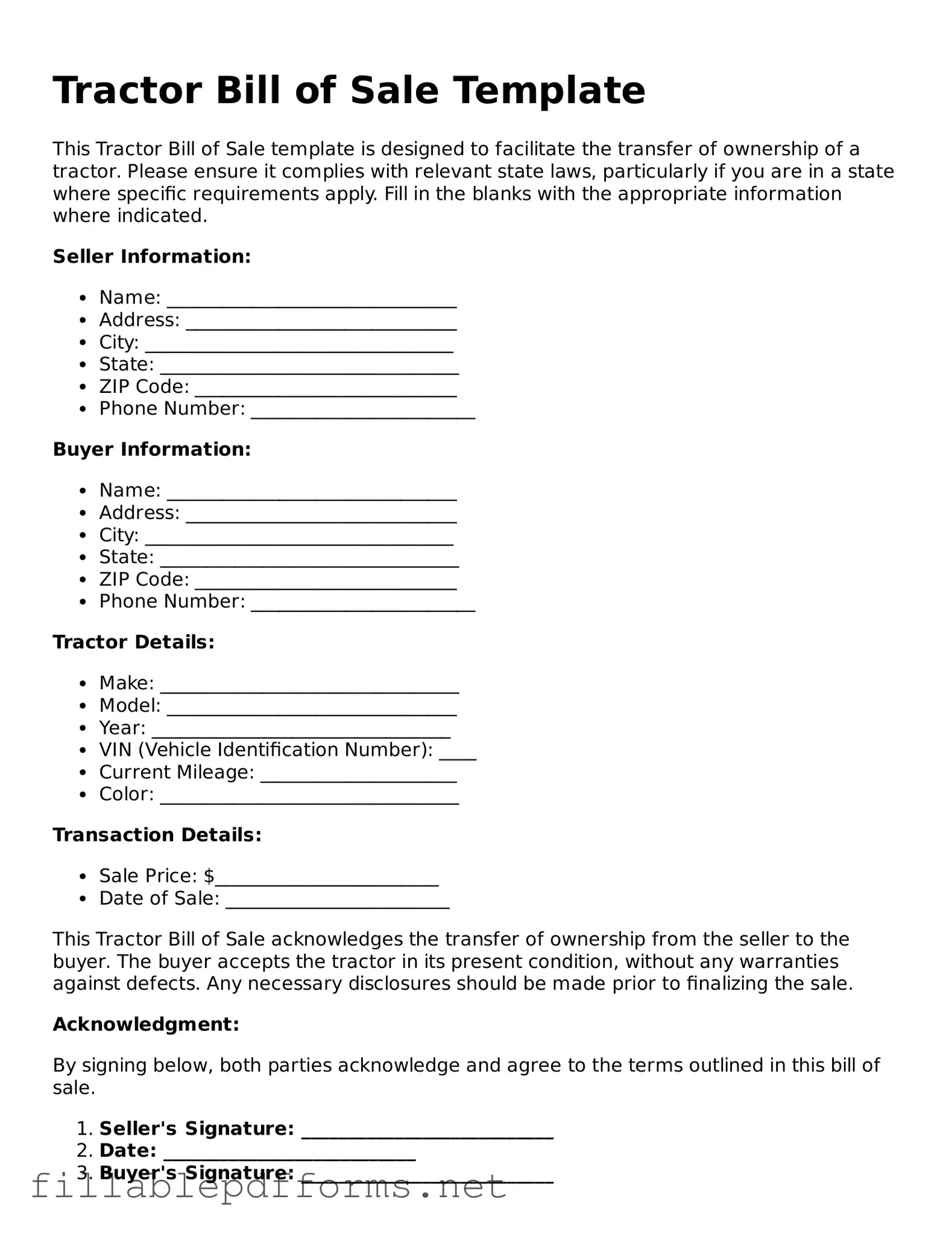 Blank Tractor Bill of Sale Template