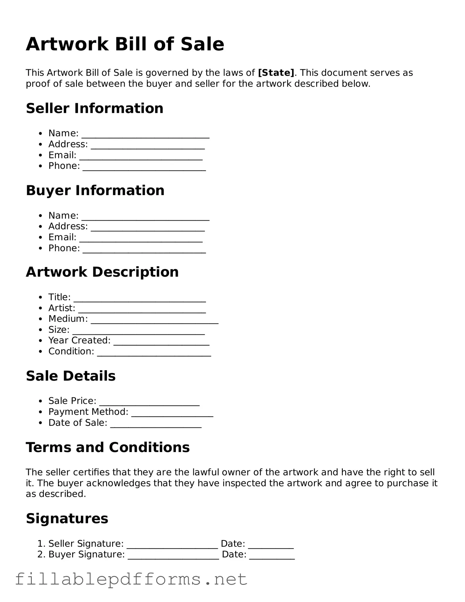 Blank Artwork Bill of Sale Template