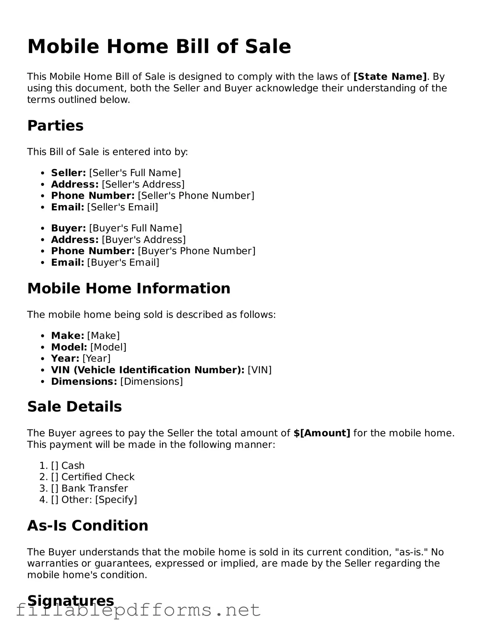 Blank Mobile Home Bill of Sale Template
