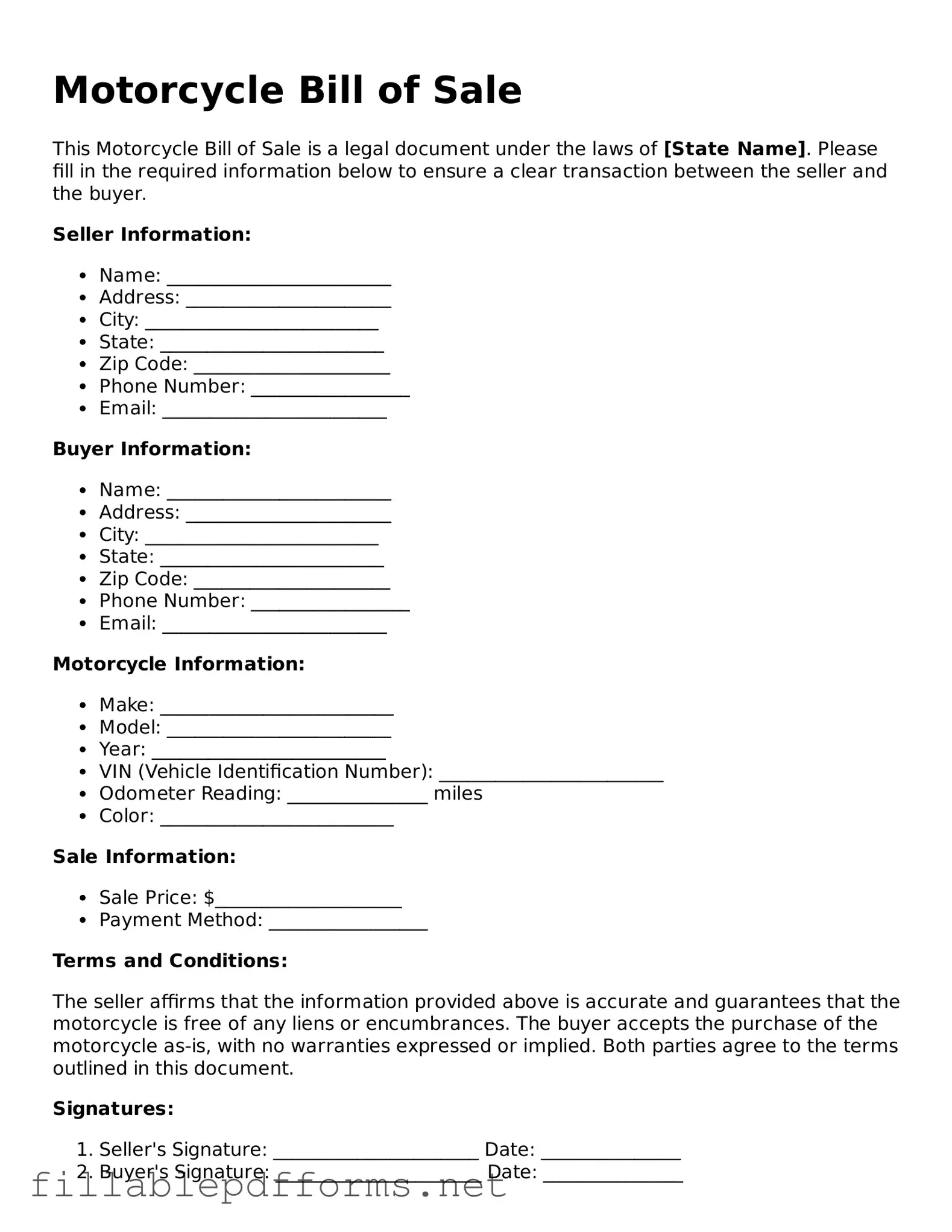 Blank Motorcycle Bill of Sale Template