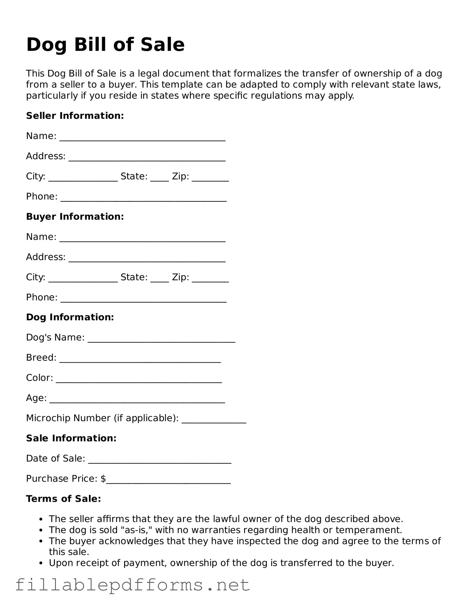 Blank Dog Bill of Sale Template