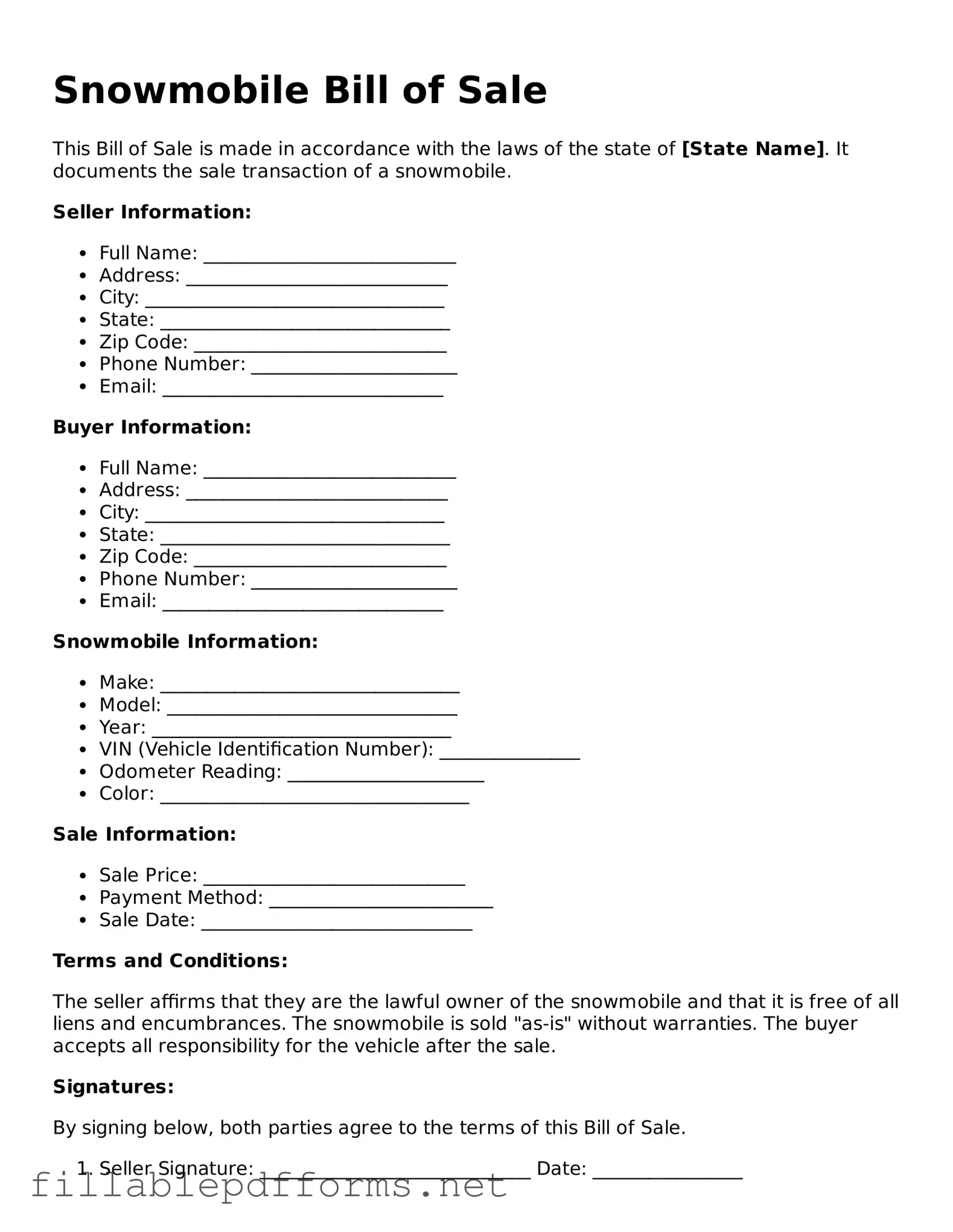 Blank Snowmobile Bill of Sale Template