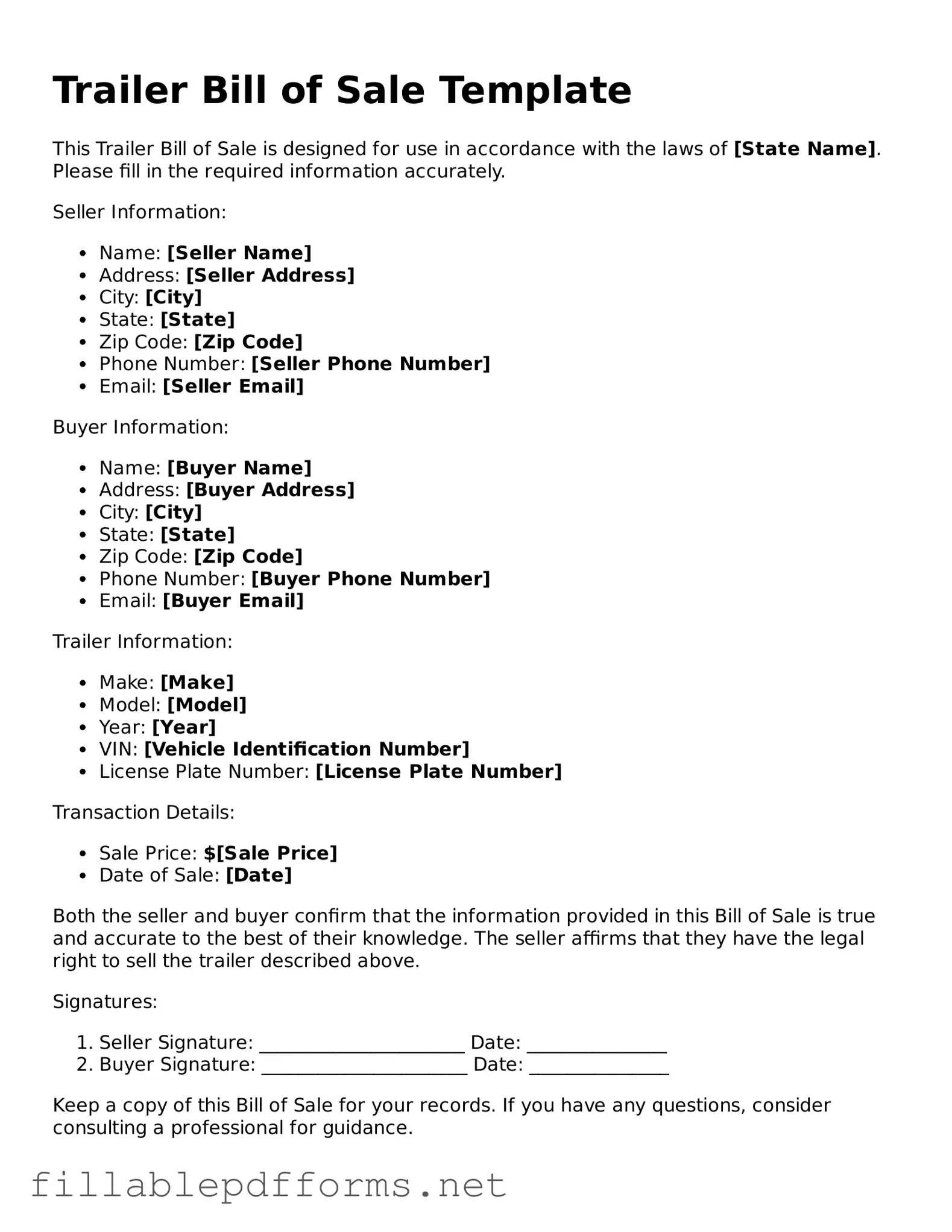 Blank Trailer Bill of Sale Template