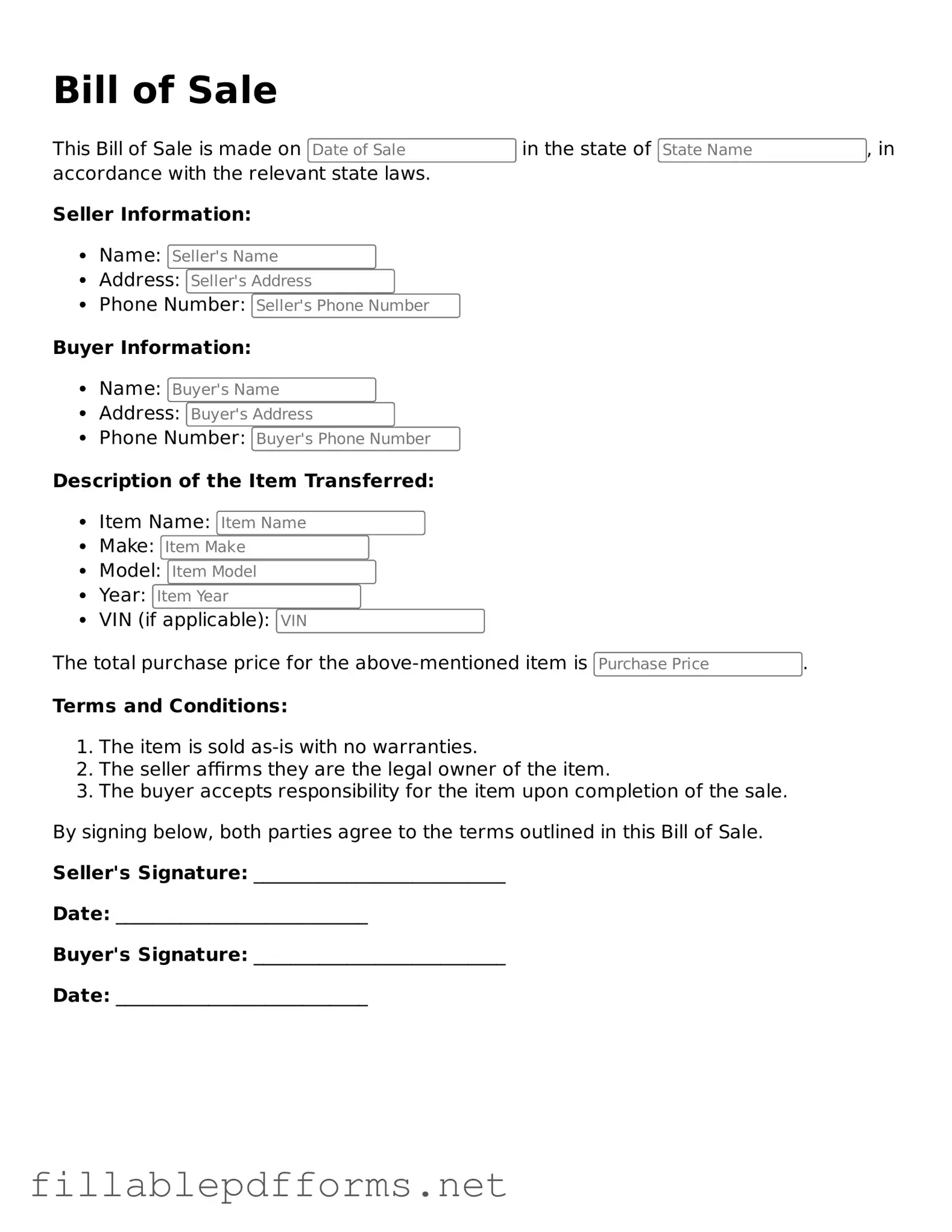 Blank Bill of Sale Template