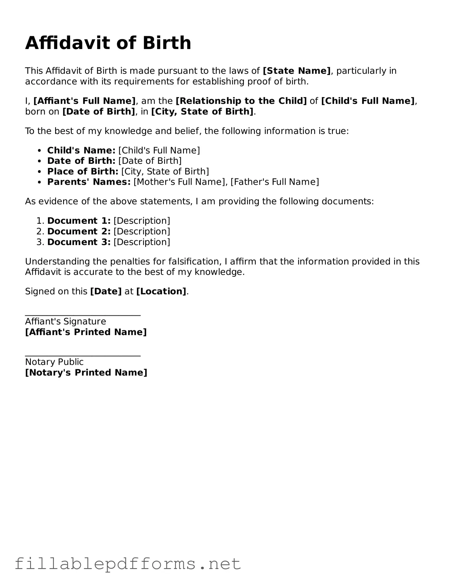 Blank Affidavit of Birth Template