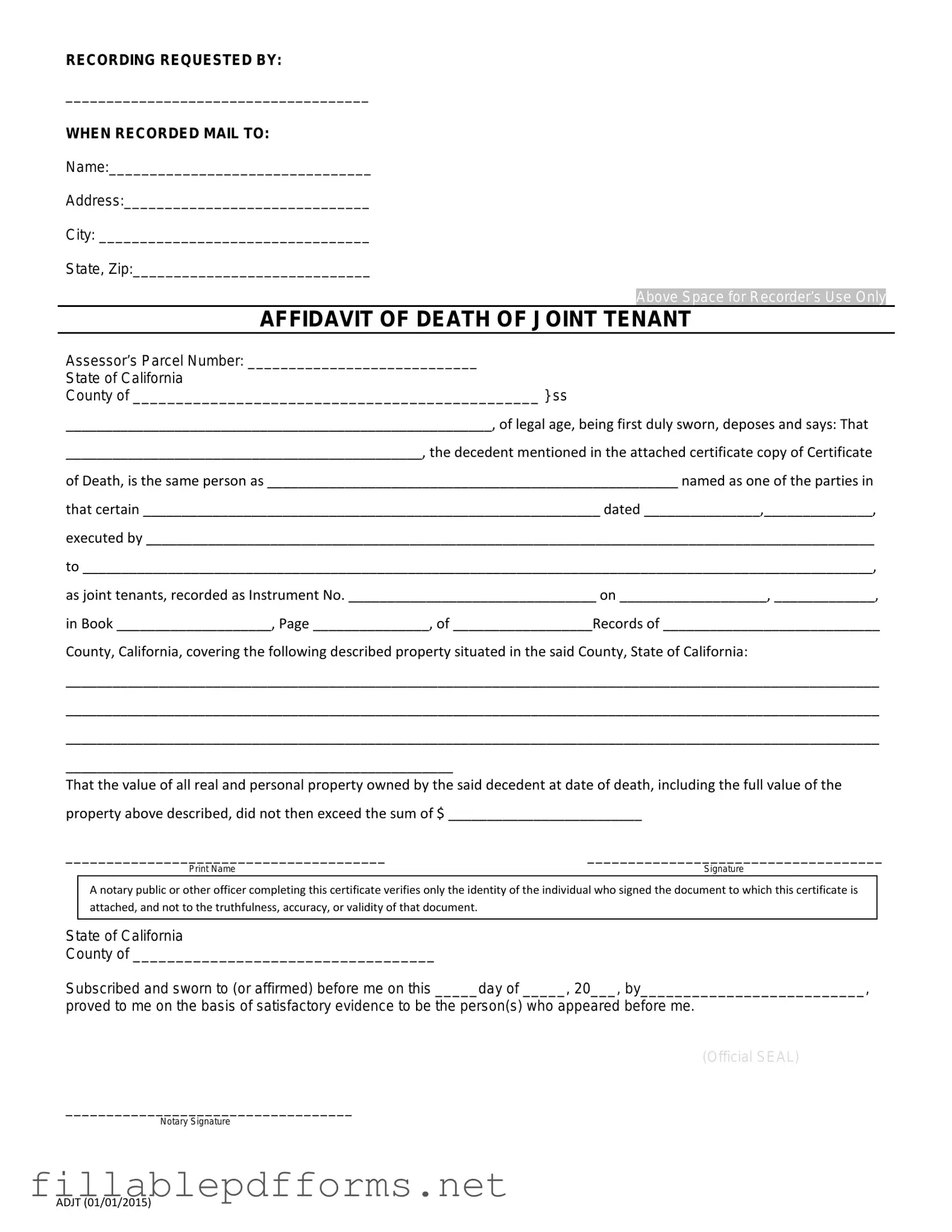 California Death of a Joint Tenant Affidavit PDF Template