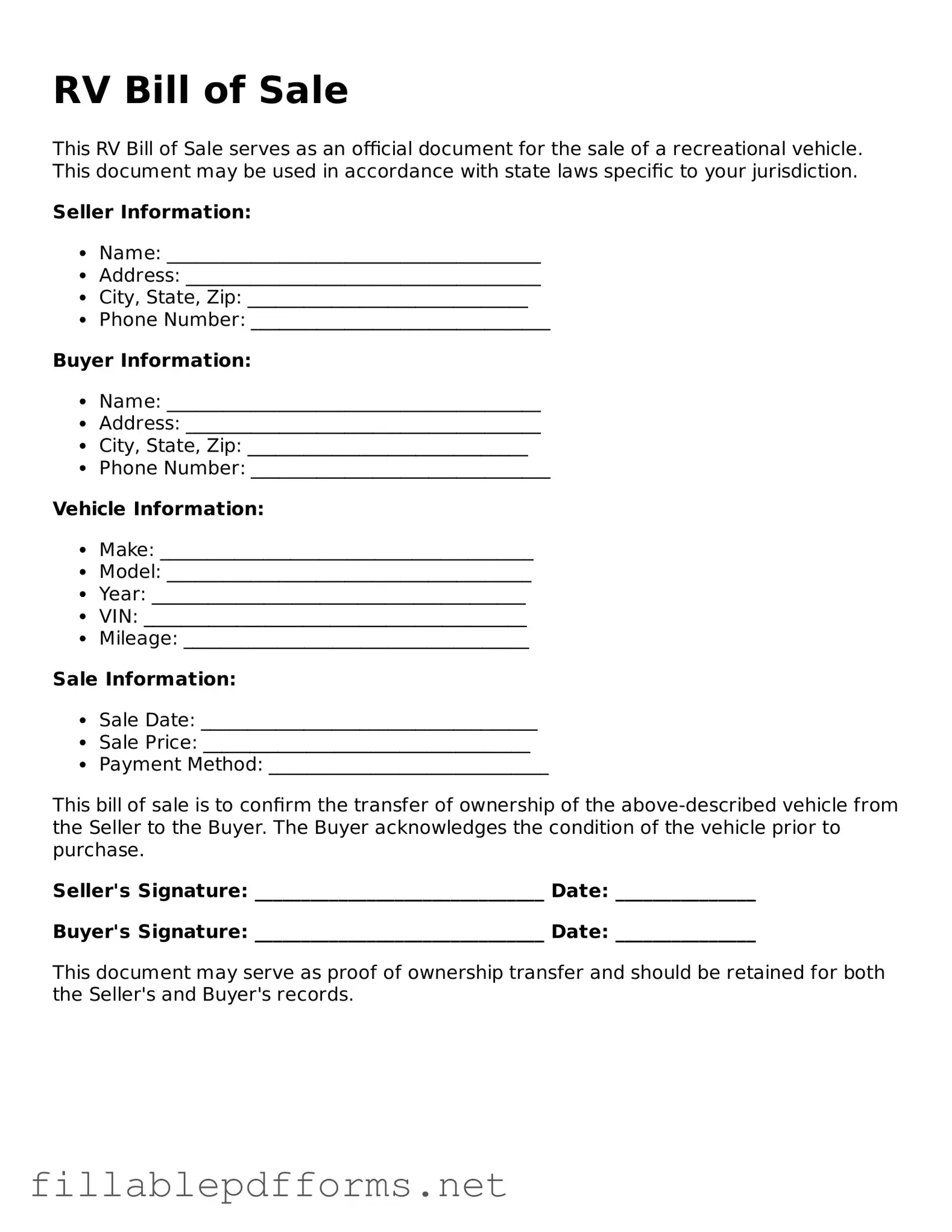 Blank RV Bill of Sale Template