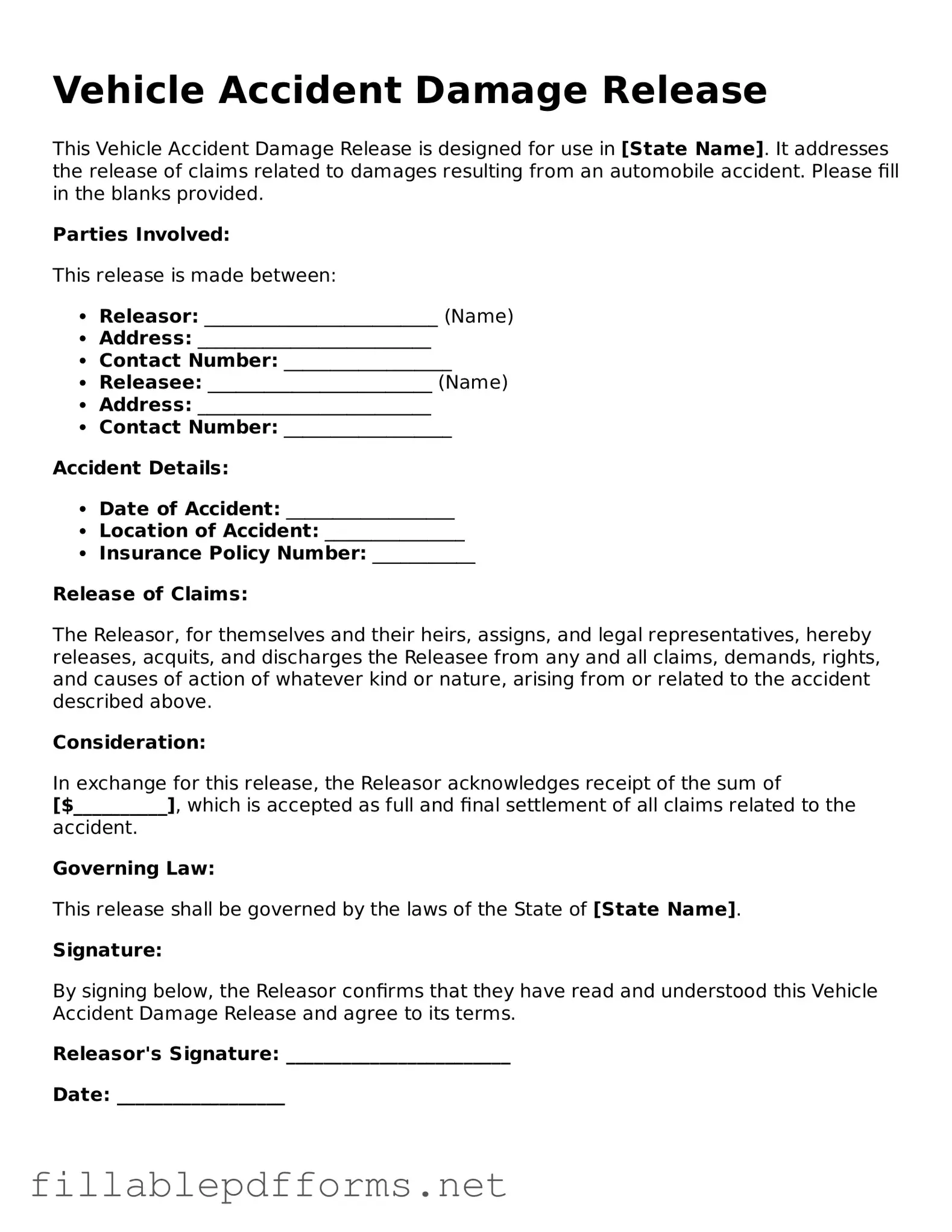 Blank Vehicle Accident Damage Release Template
