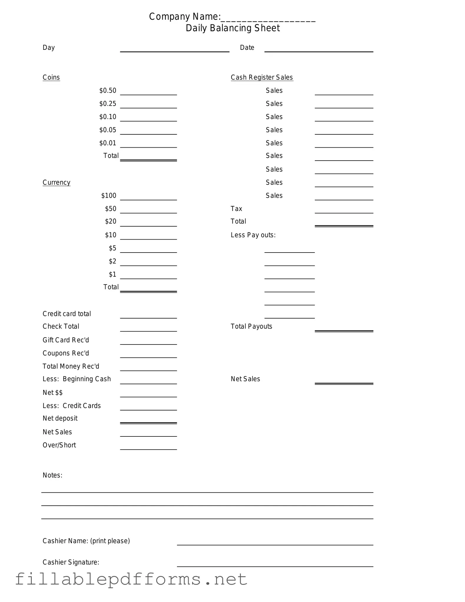 Cash Drawer Count Sheet PDF Template