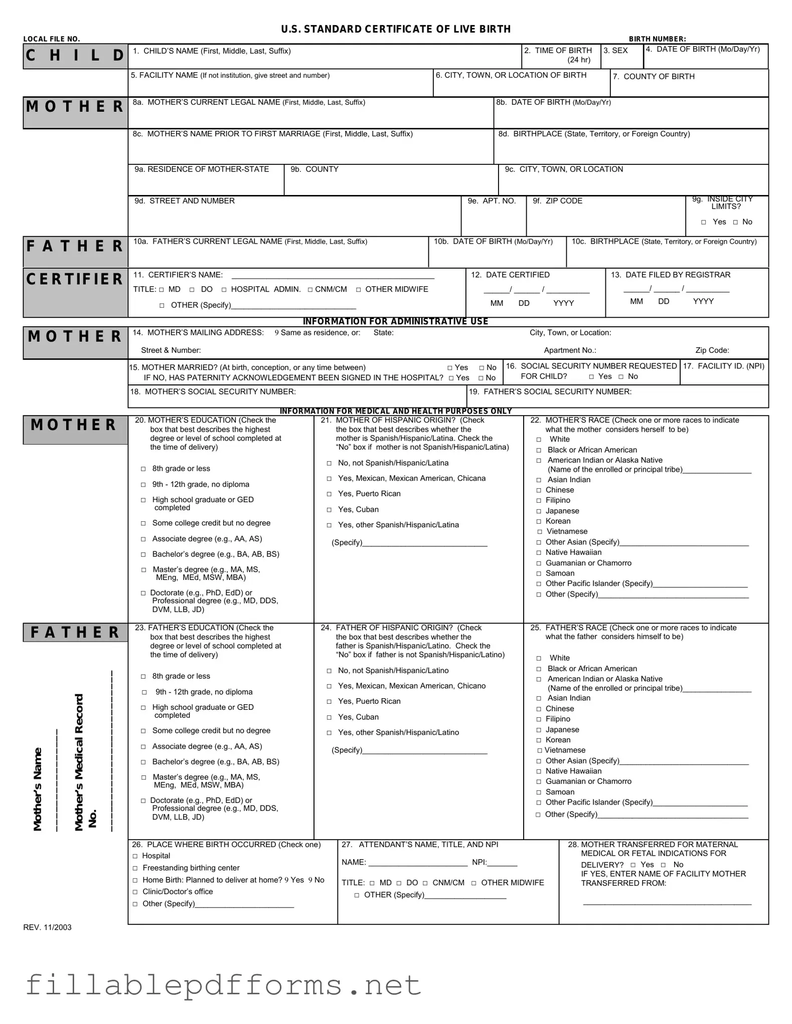 CDC U.S. Standard Certificate of Live Birth PDF Template