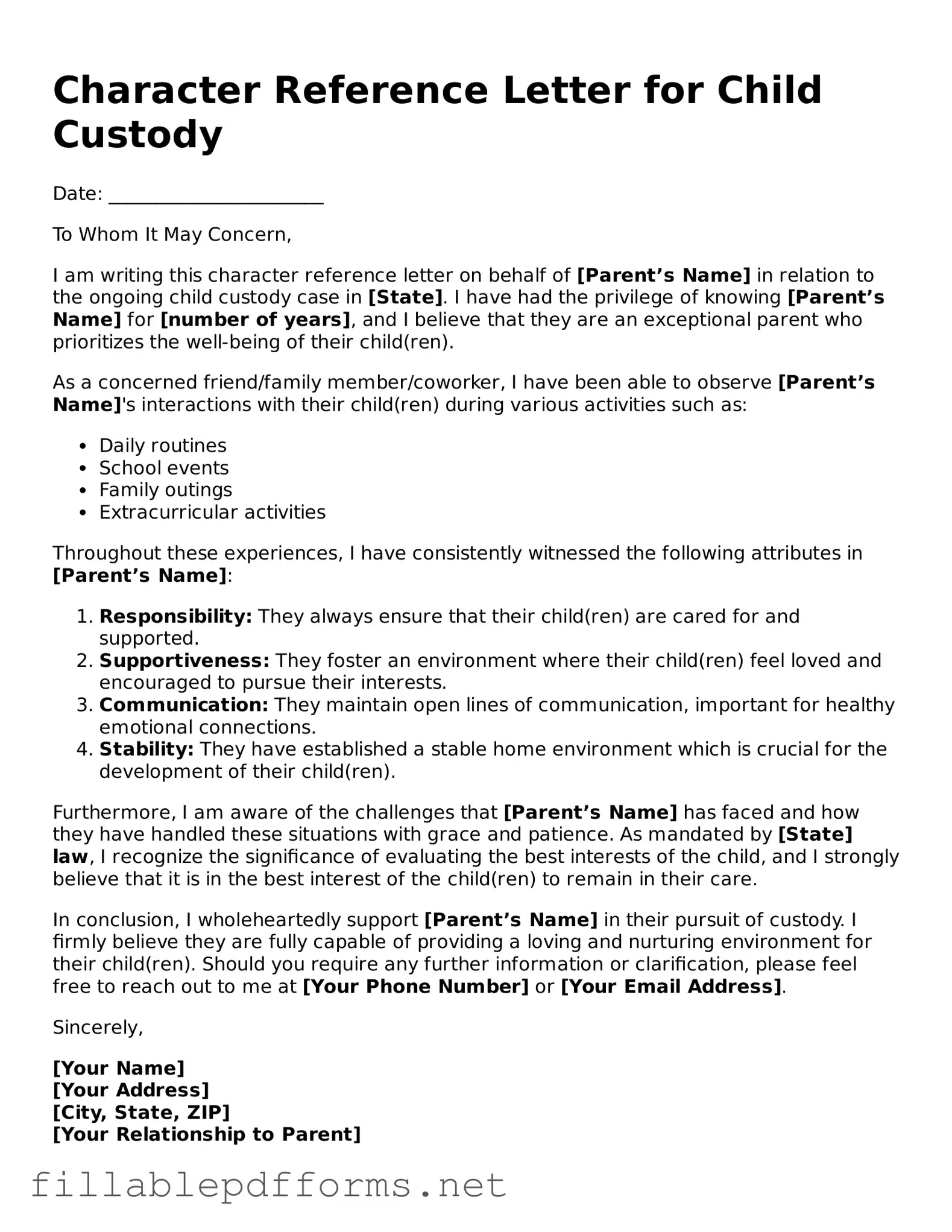 Blank Character Reference Letter for Child Custody Template