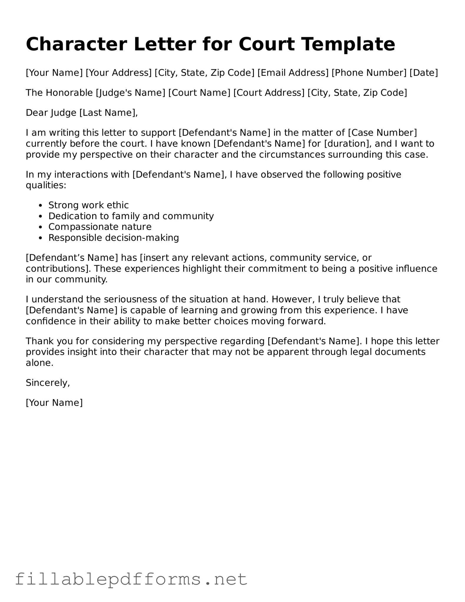 Blank Character Letter for Court Template
