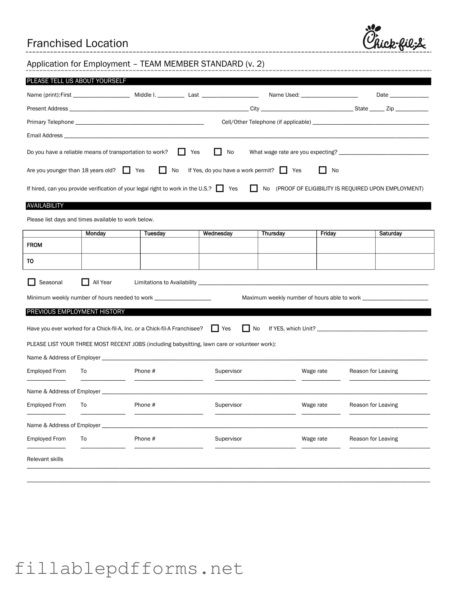 Chick Fil A Job Application PDF Template