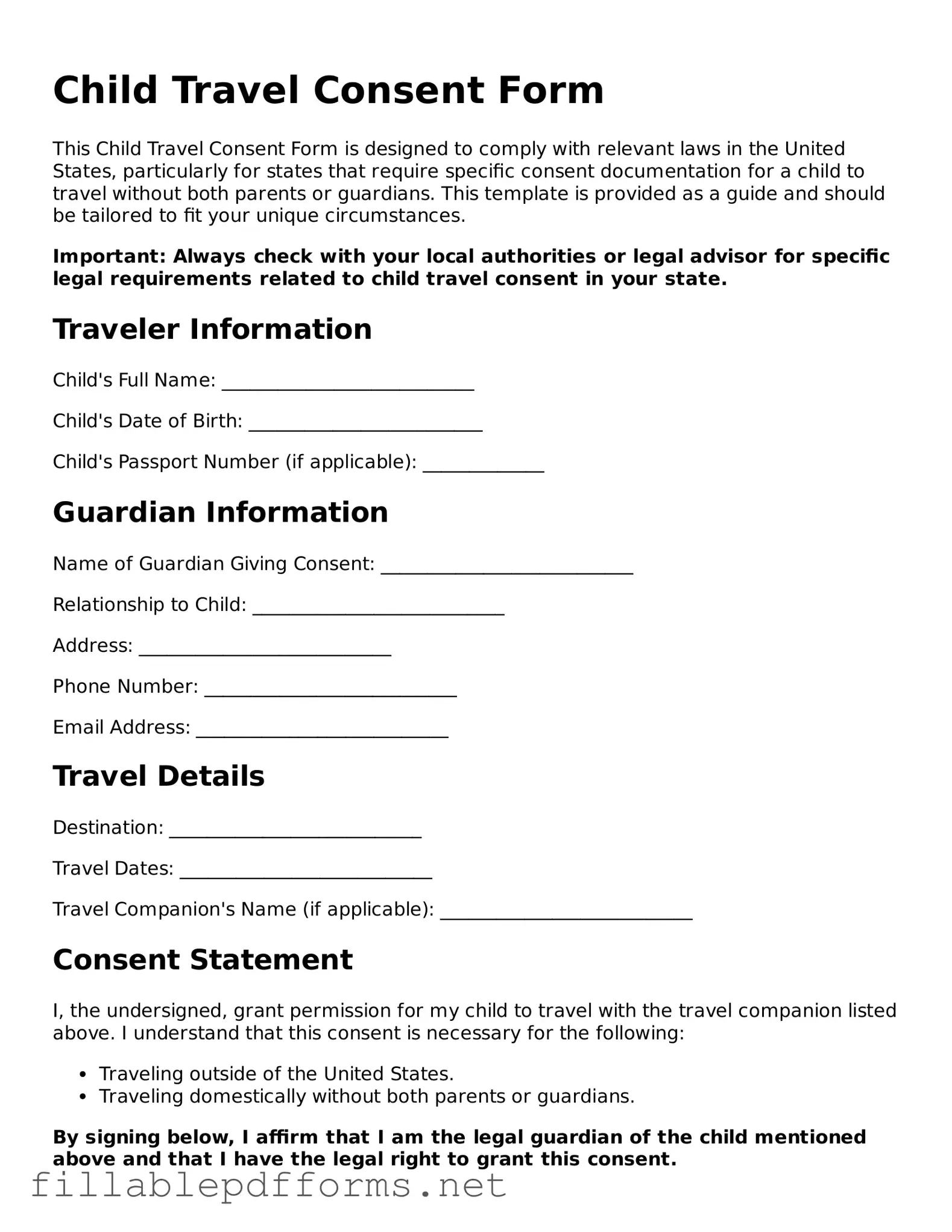 Blank Child Travel Consent Form Template