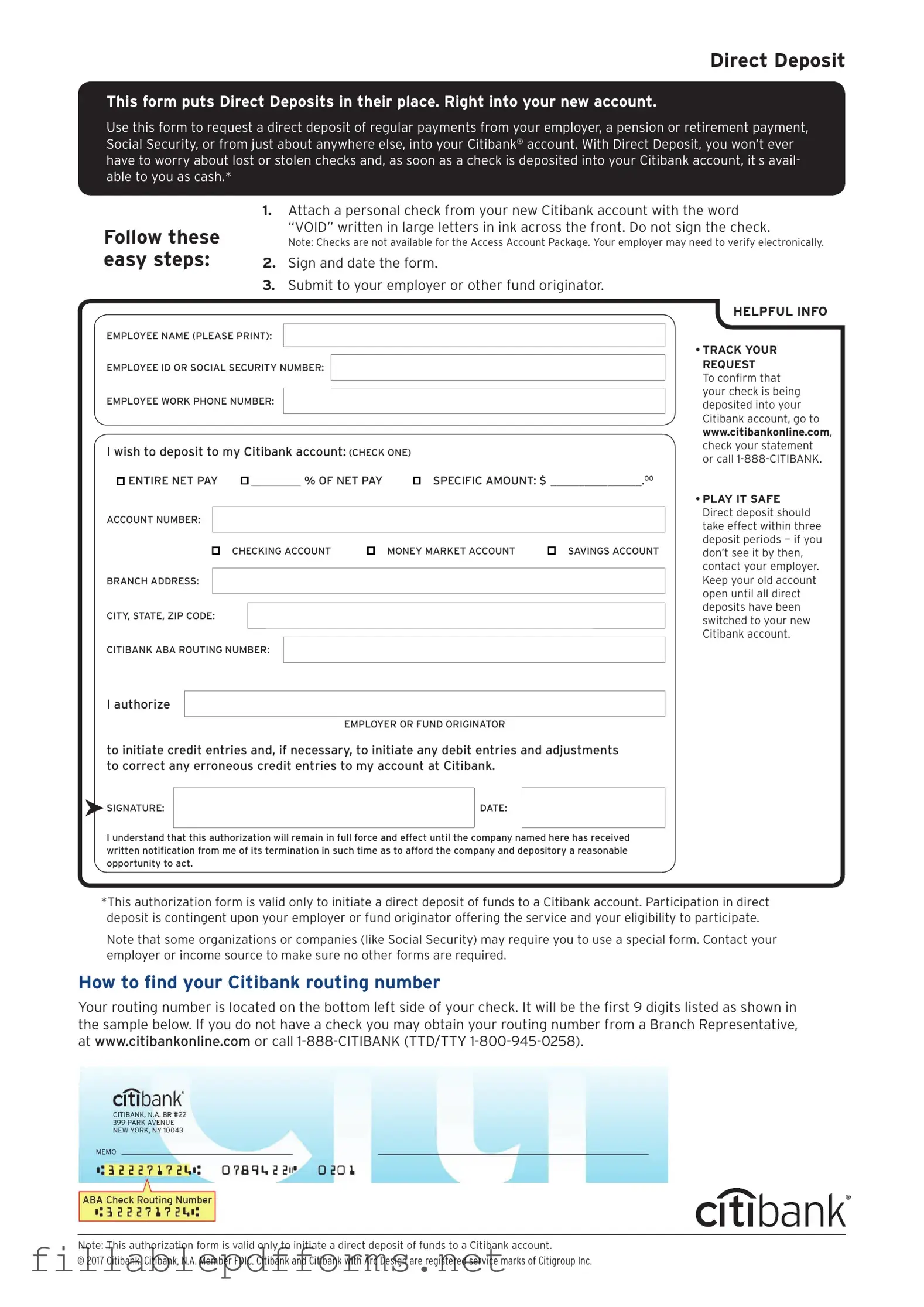 Citibank Direct Deposit PDF Template