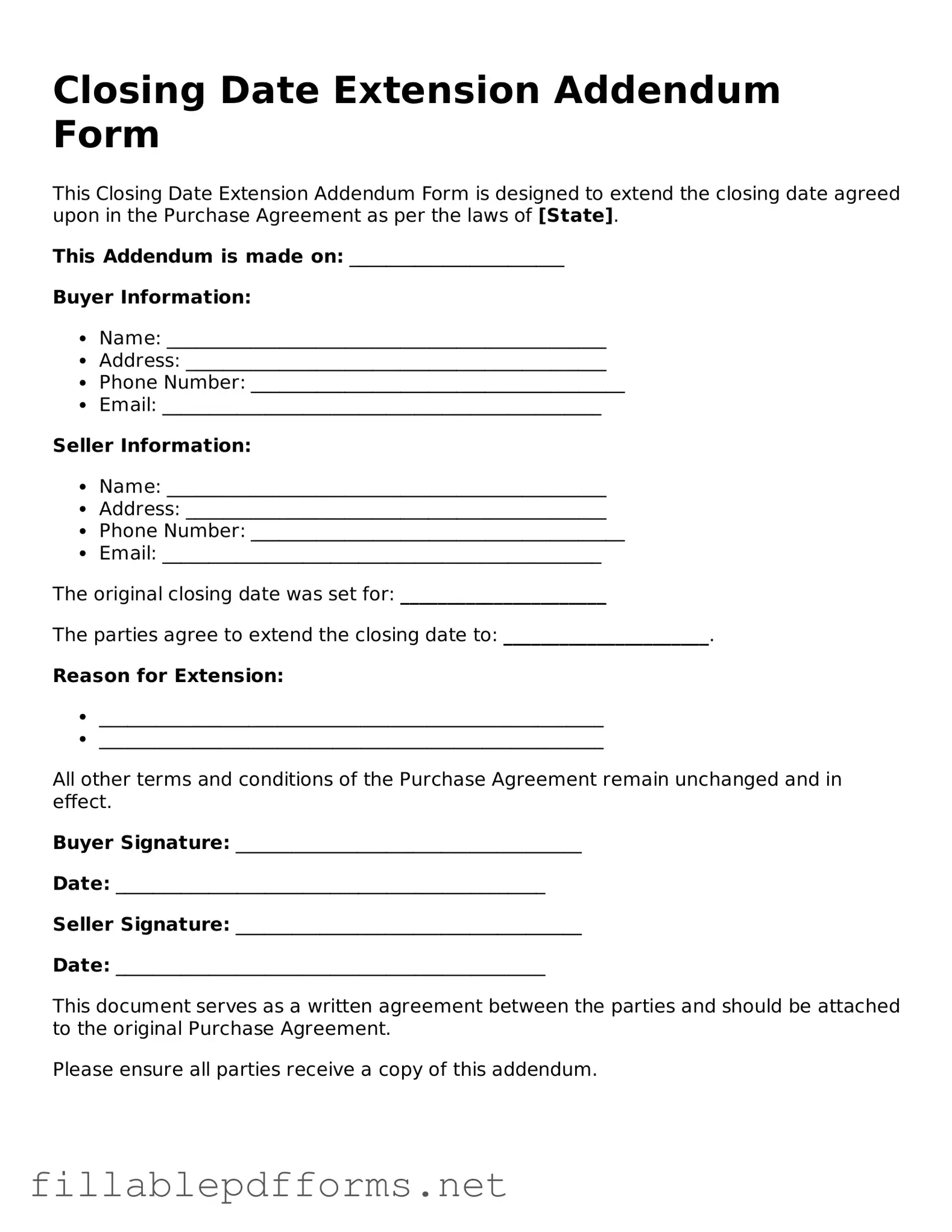 Blank Closing Date Extension Addendum Form Template