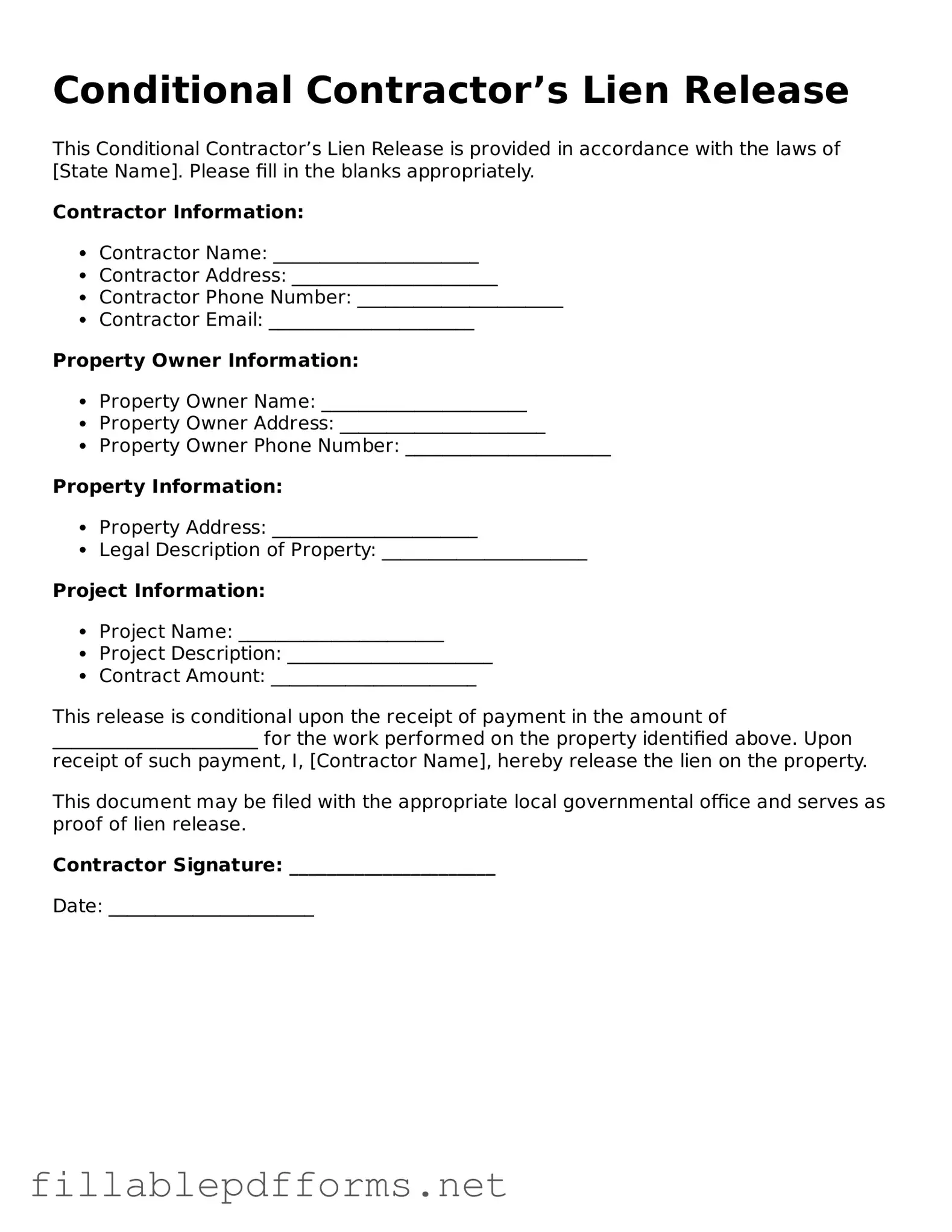 Blank Conditional Contractor’s Lien Release Template