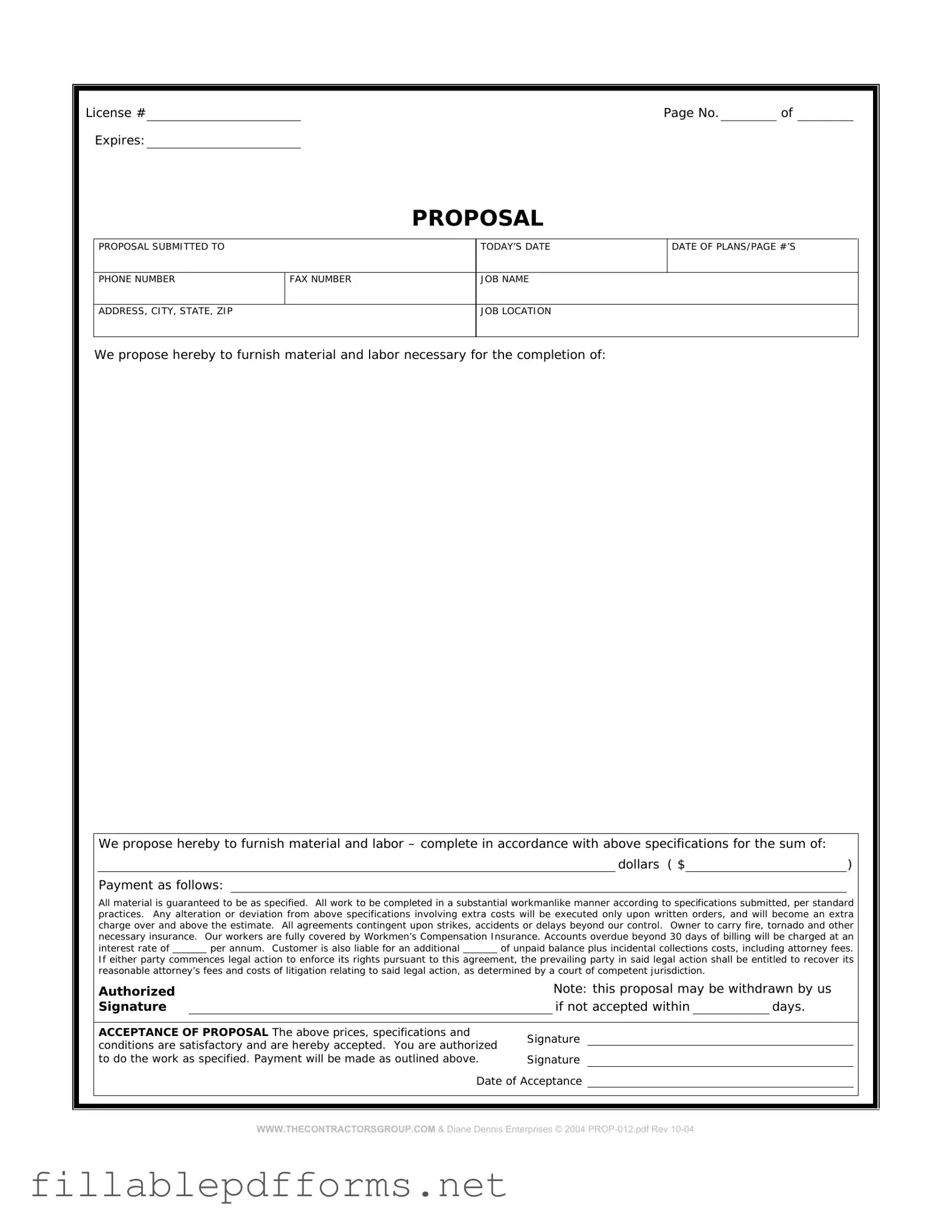 Construction proposal form PDF Template