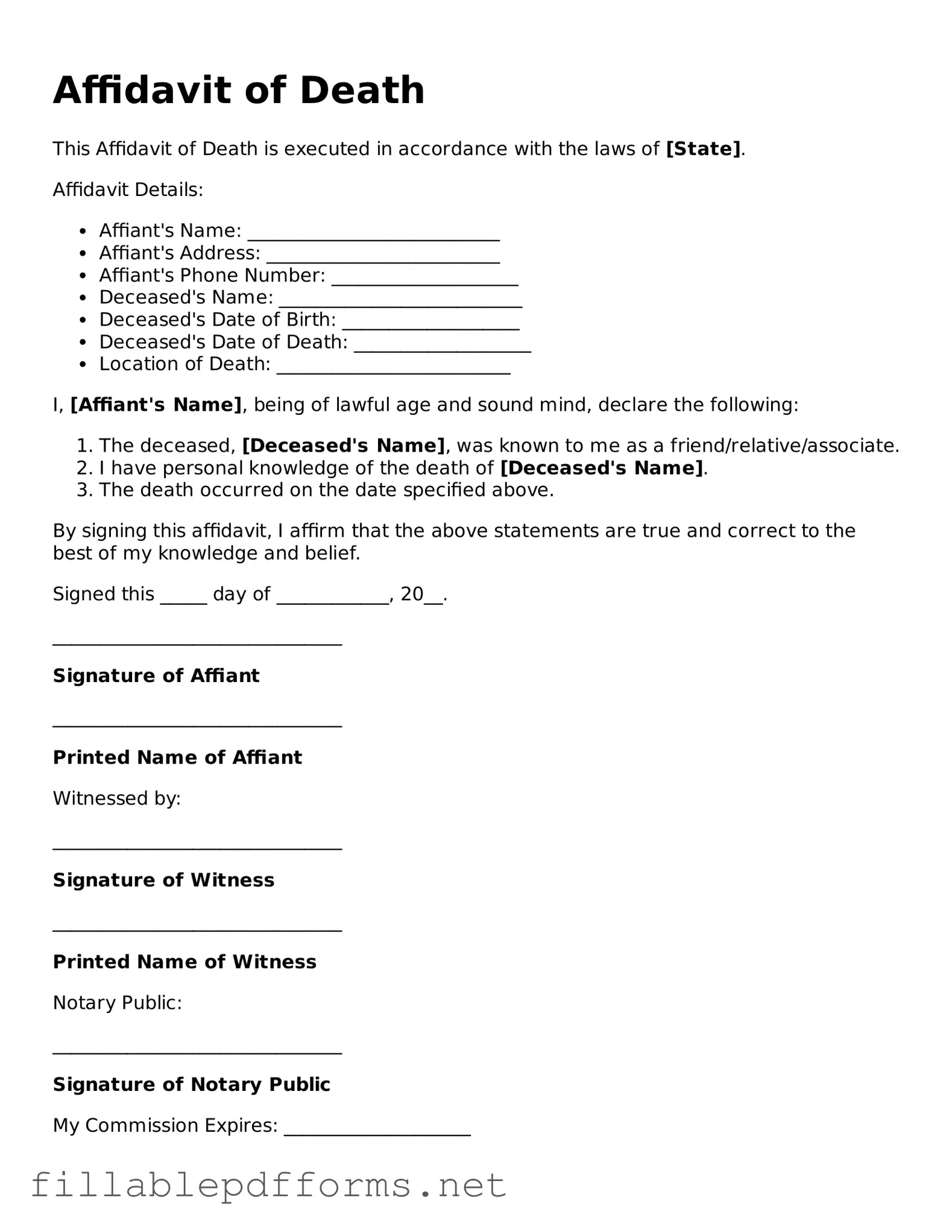 Blank Affidavit of Death Template