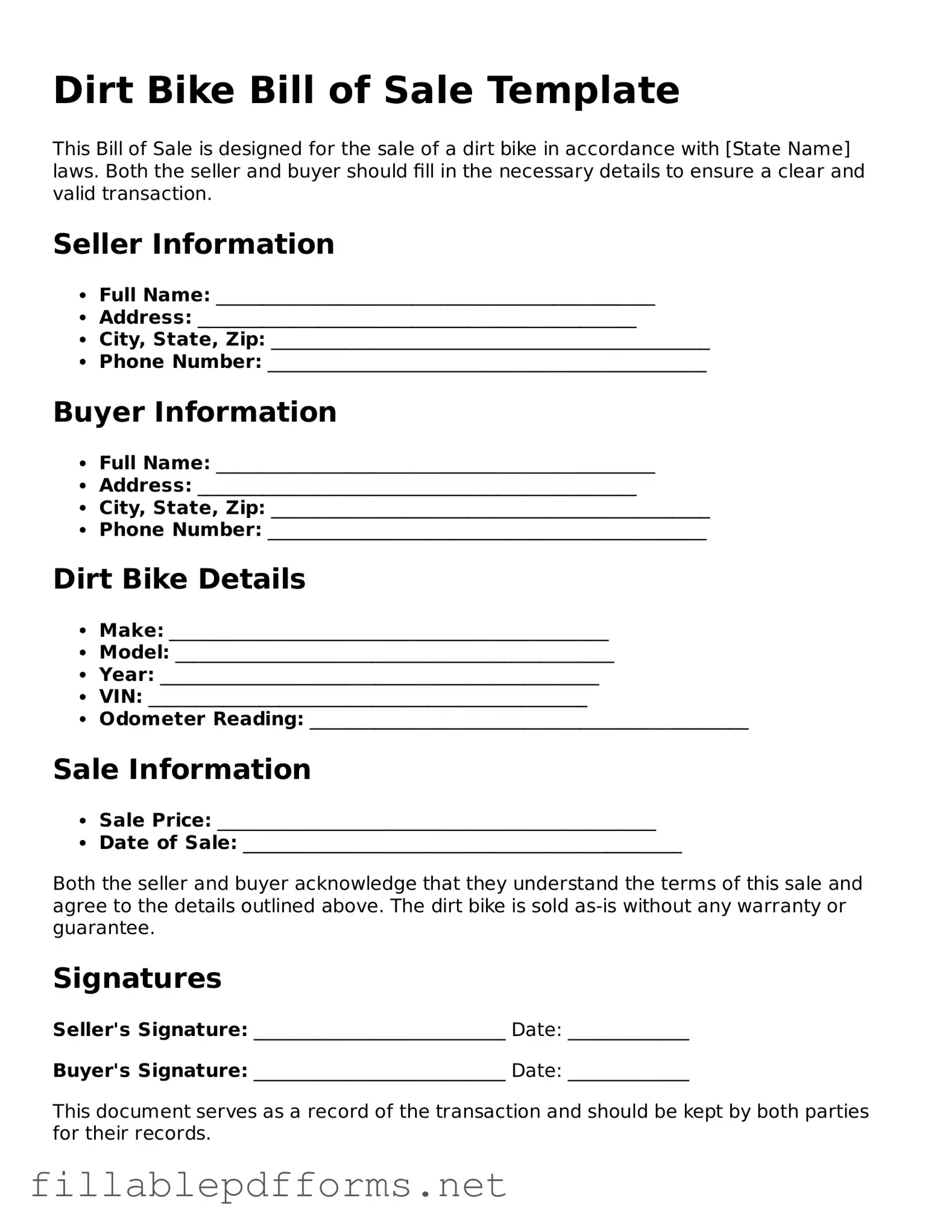Blank Dirt Bike Bill of Sale Template