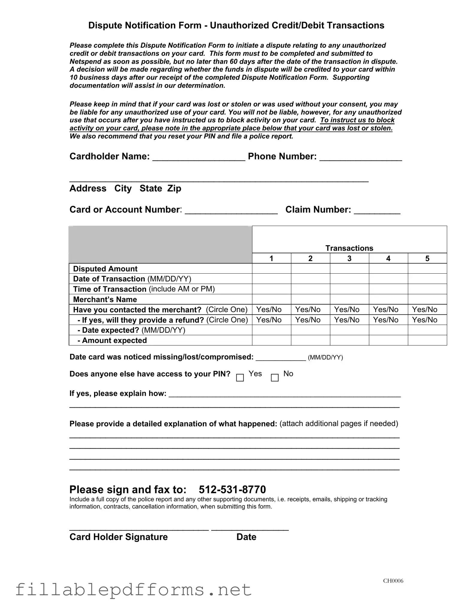 Netspend Dispute PDF Template