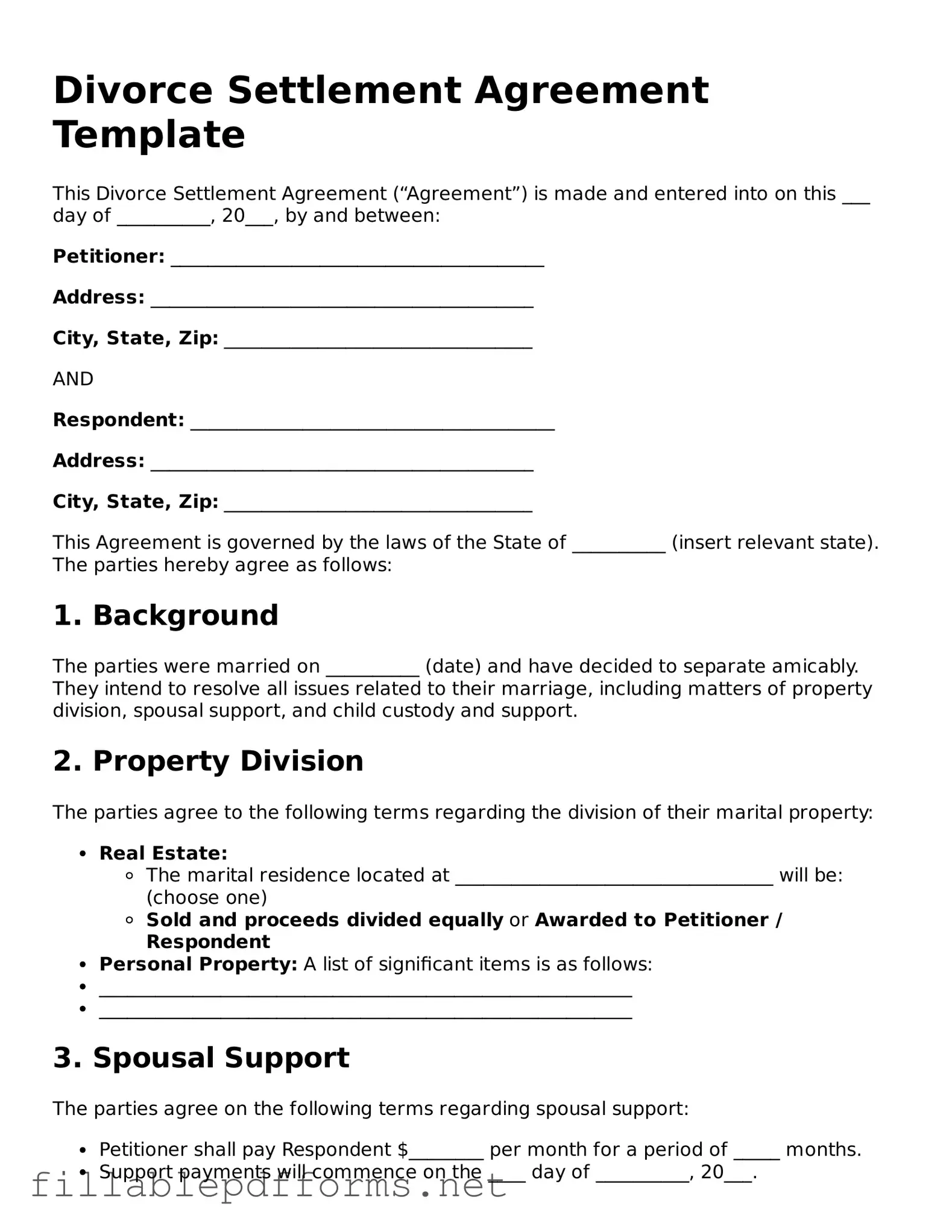 Blank Divorce Settlement Agreement Template