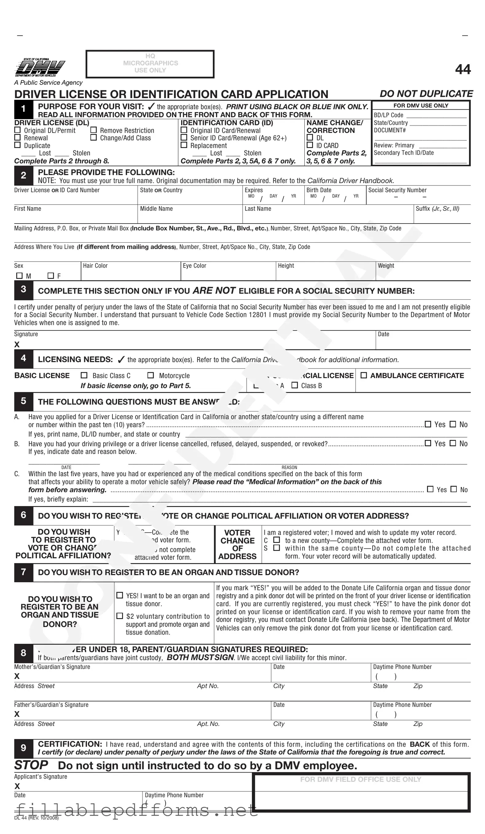 Ca Dmv Dl 44 PDF Template