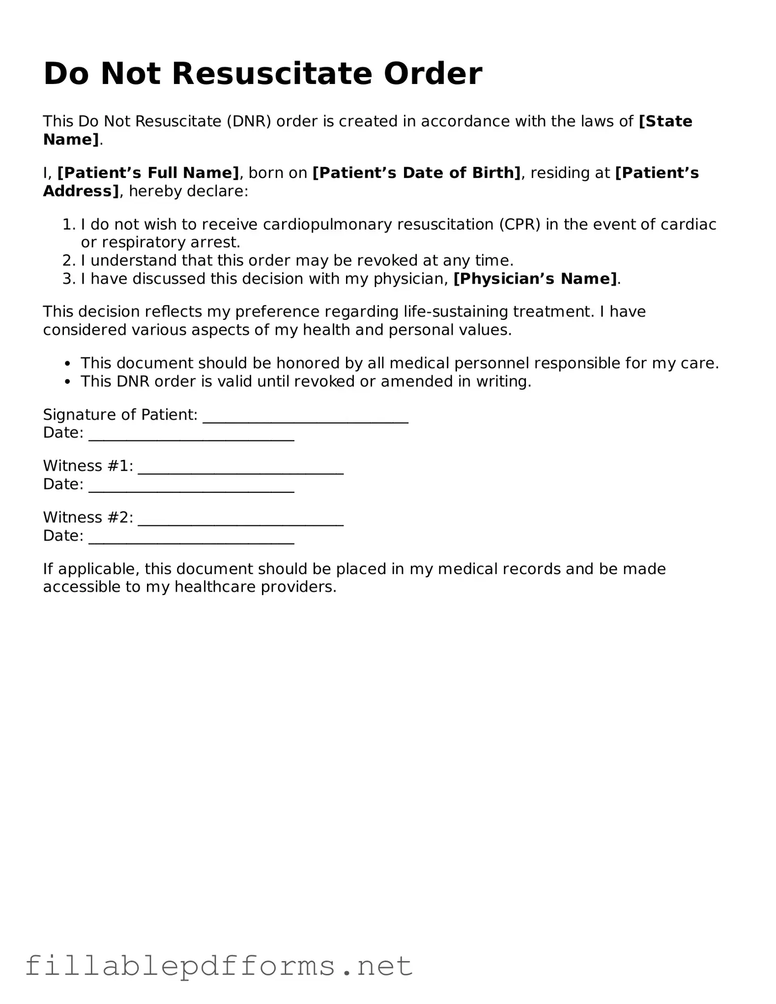 Blank Do Not Resuscitate Order Template