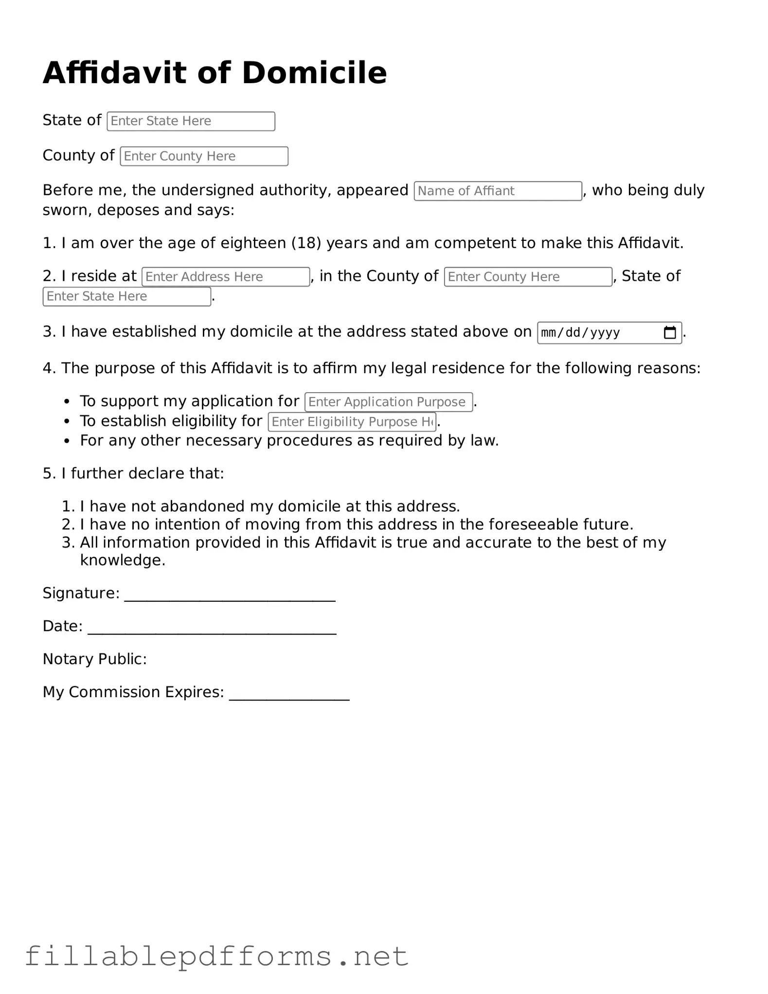 Blank Affidavit of Domicile Template