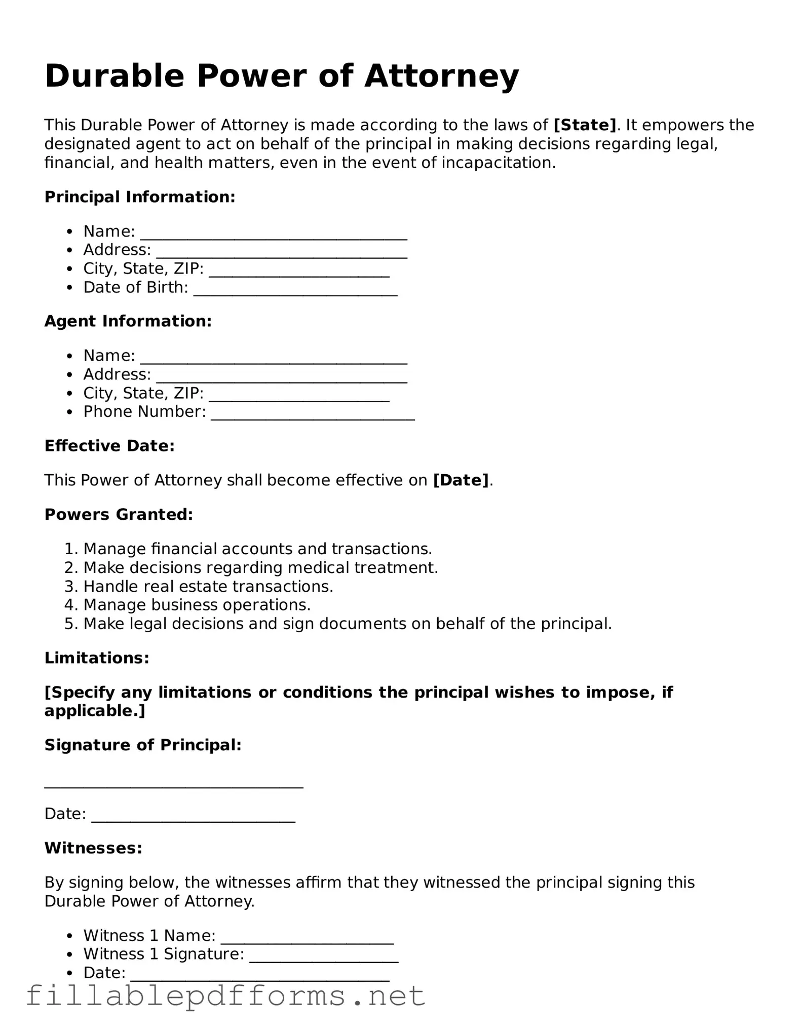 Blank Durable Power of Attorney Template