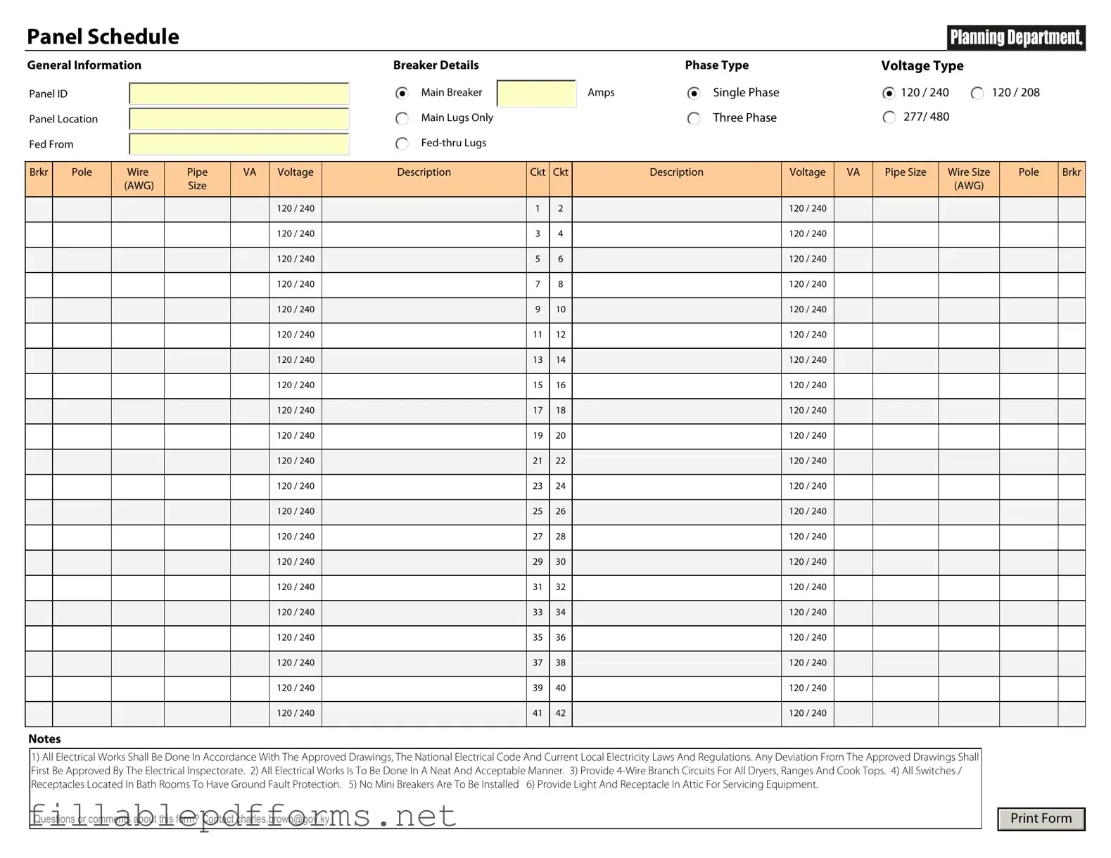 Electrical Panel Schedule PDF Template