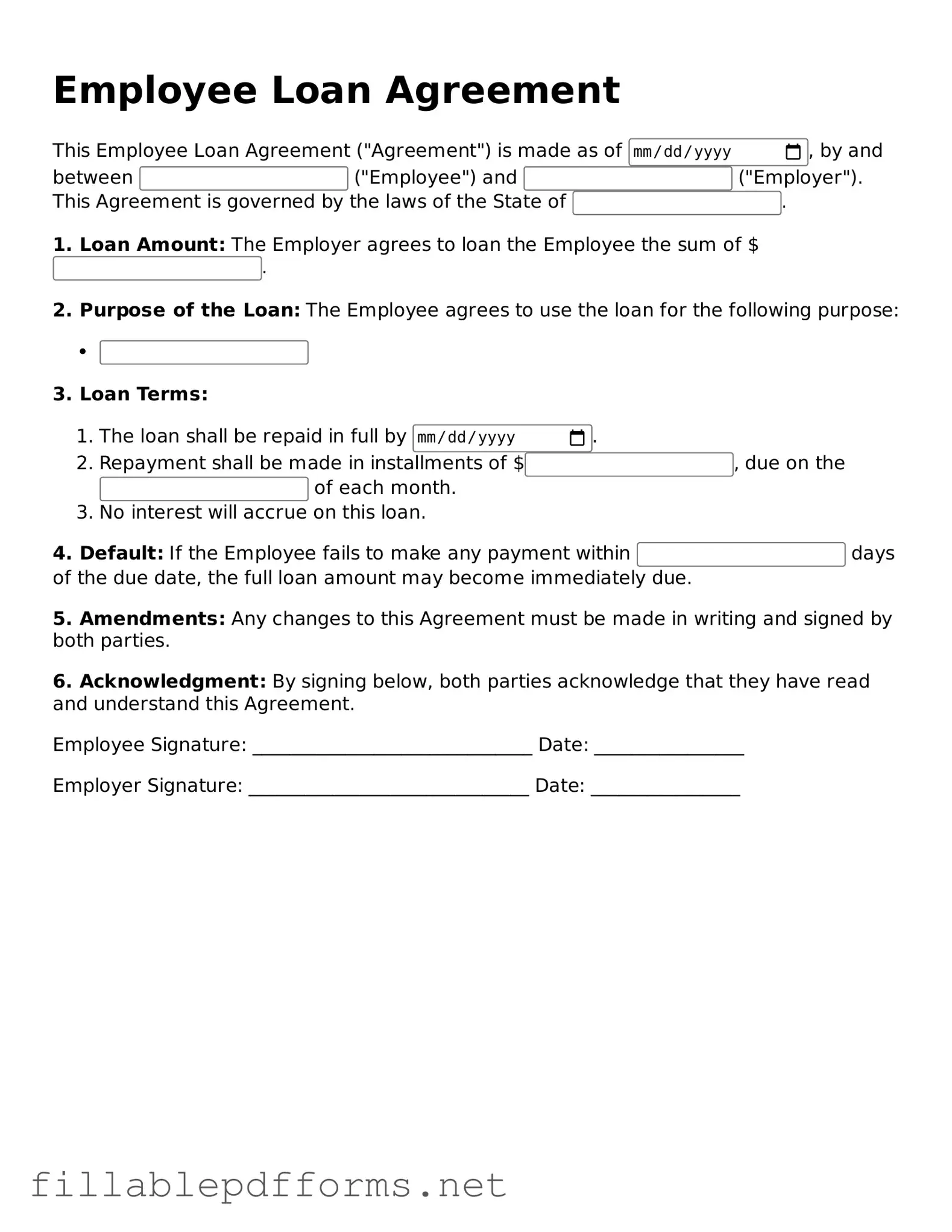 Blank Employee Loan Agreement Template