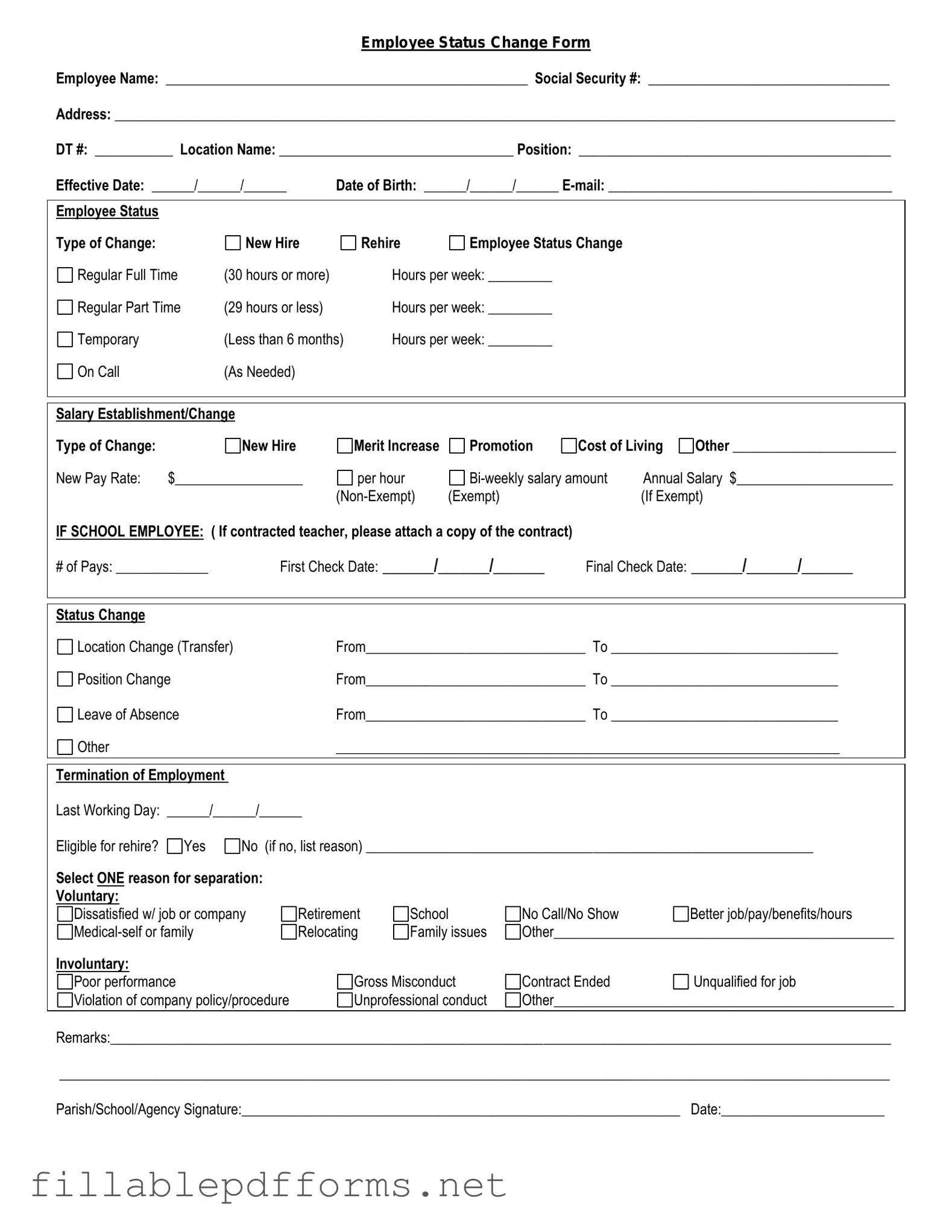 Employee Status Change PDF Template