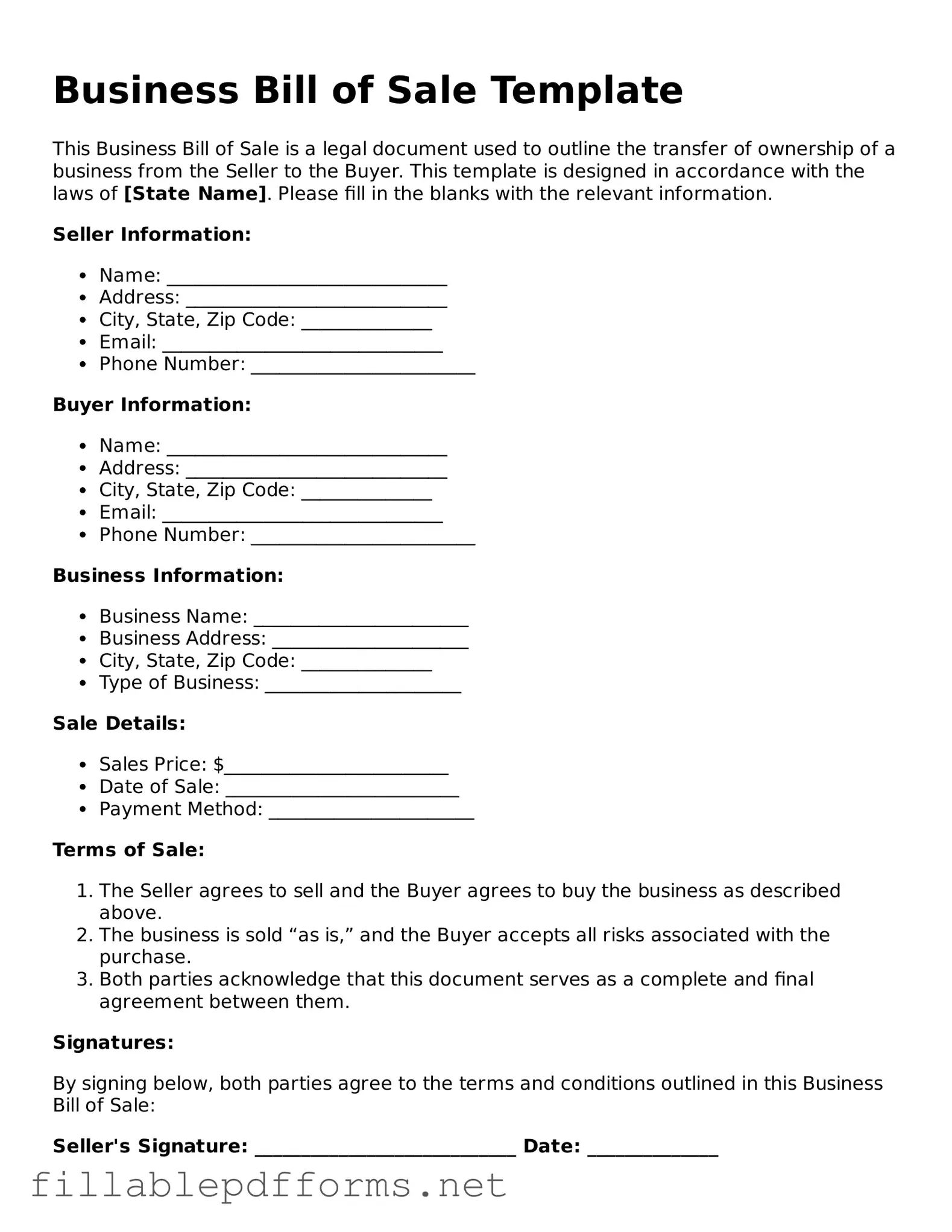 Blank Business Bill of Sale Template