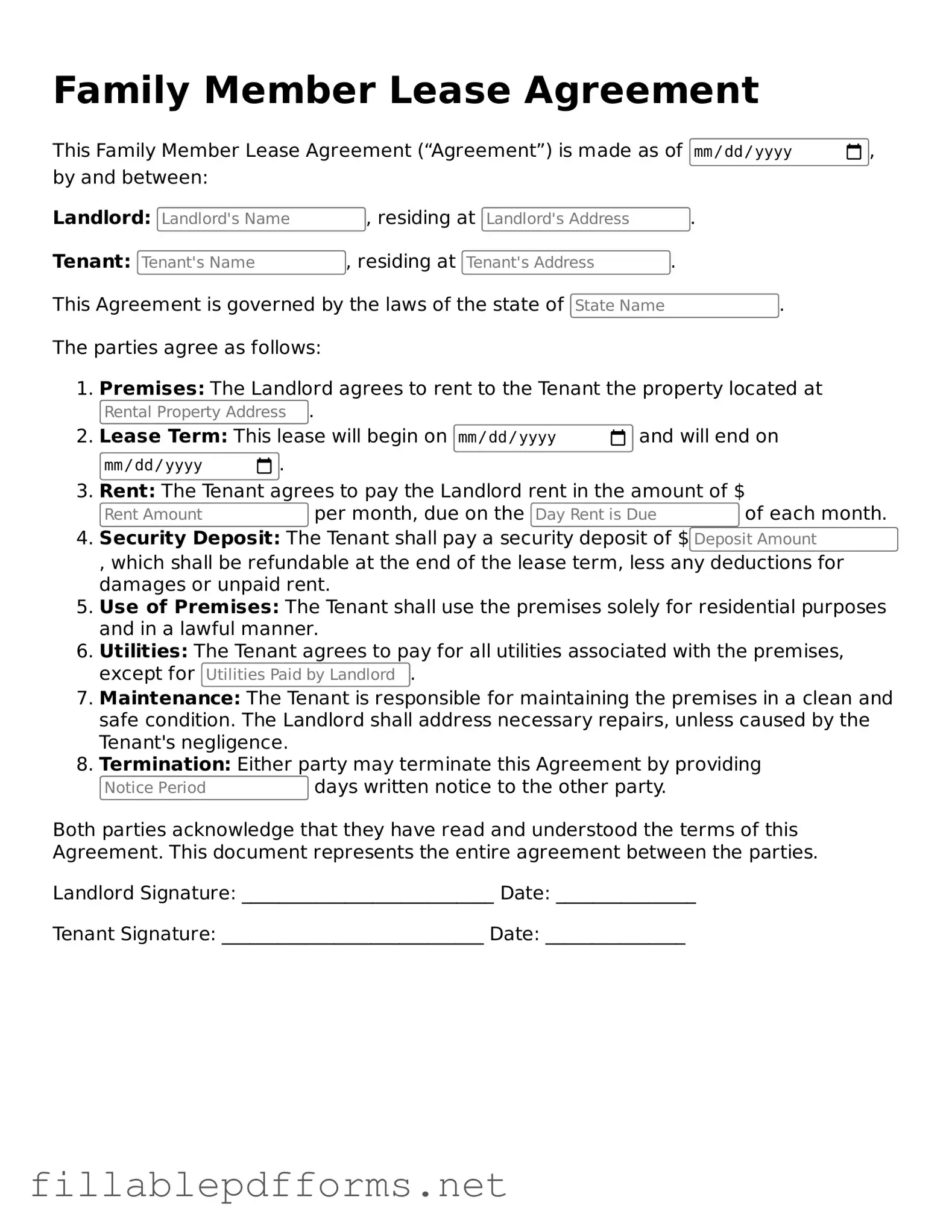 Blank Family Member Lease Agreement Template
