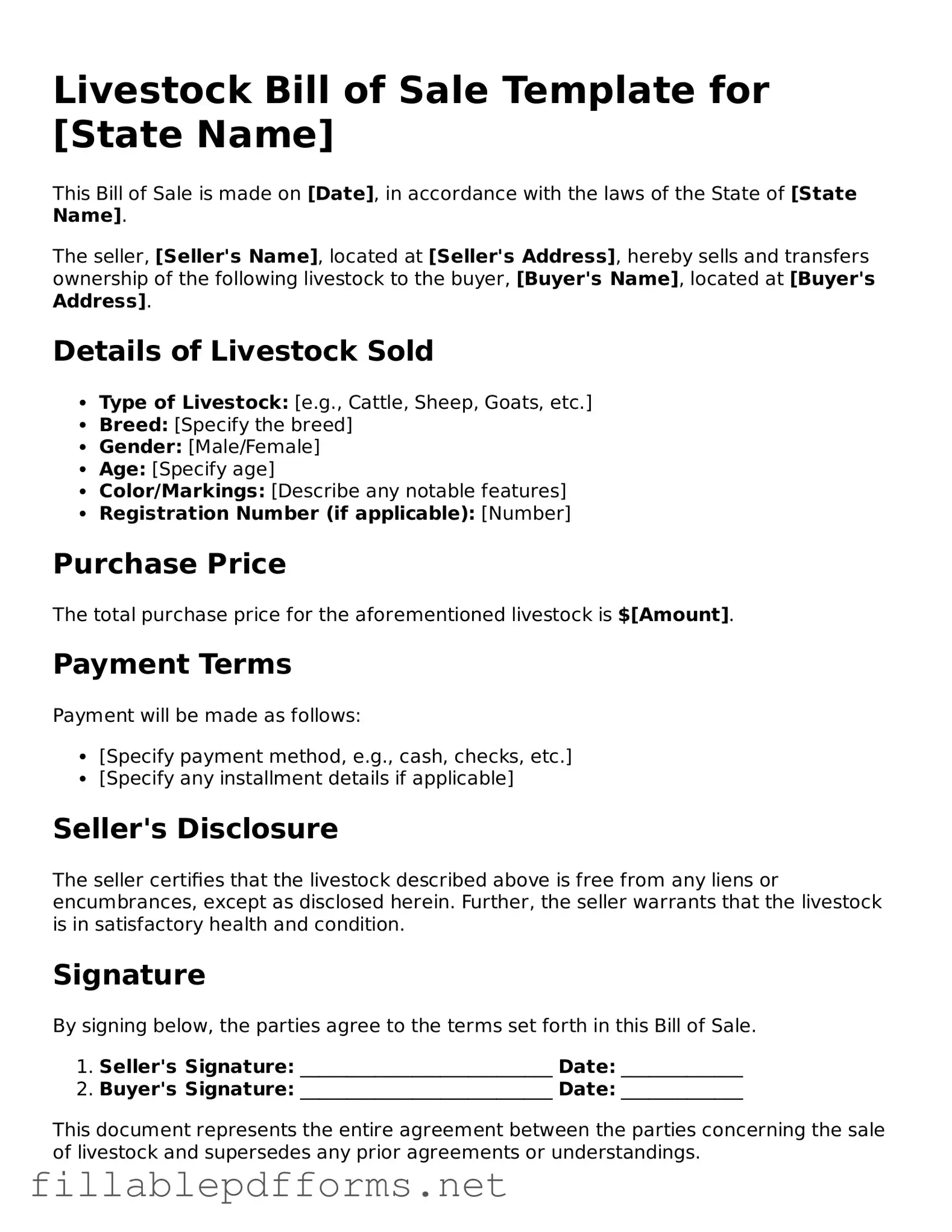 Blank Livestock Bill of Sale Template