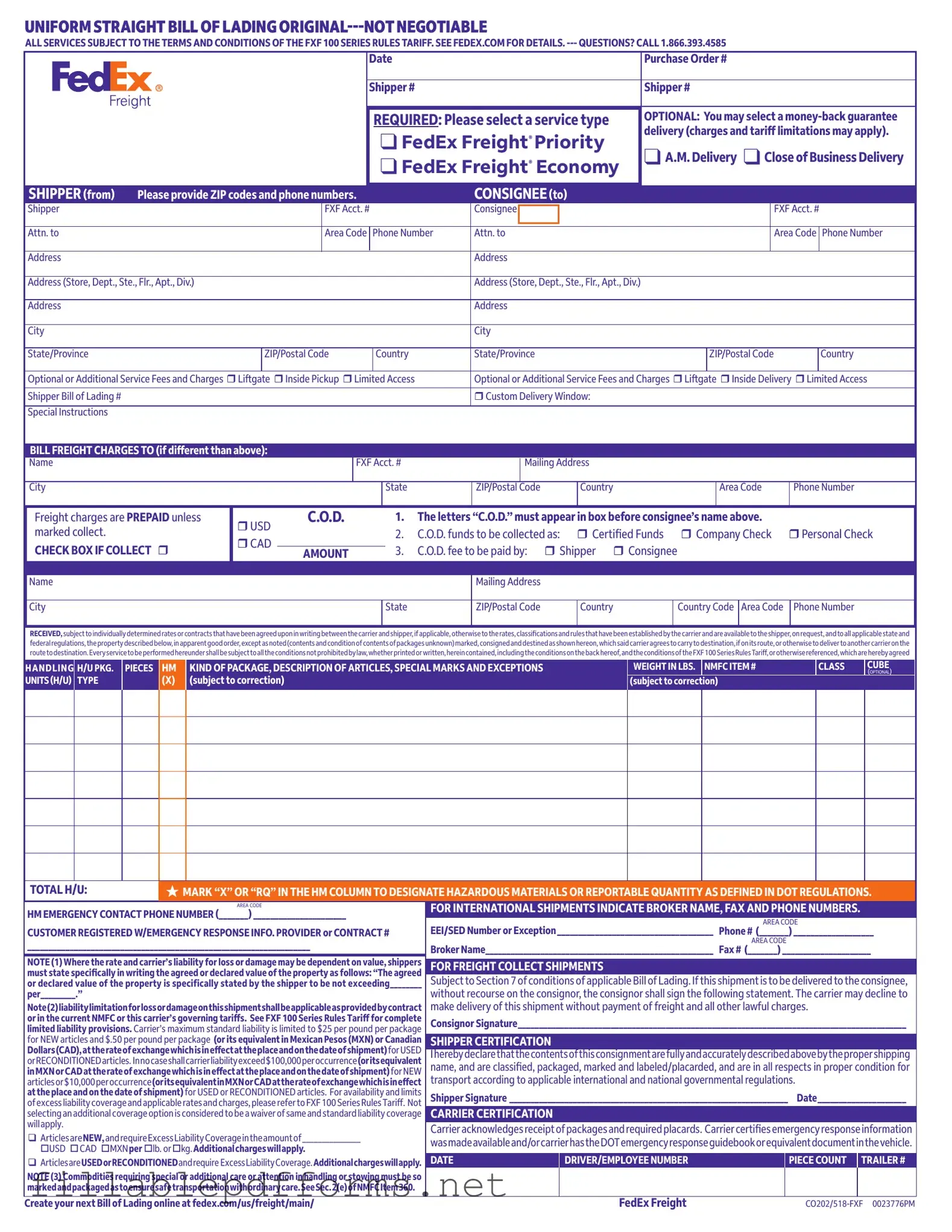 Fedex Bill Of Lading PDF Template