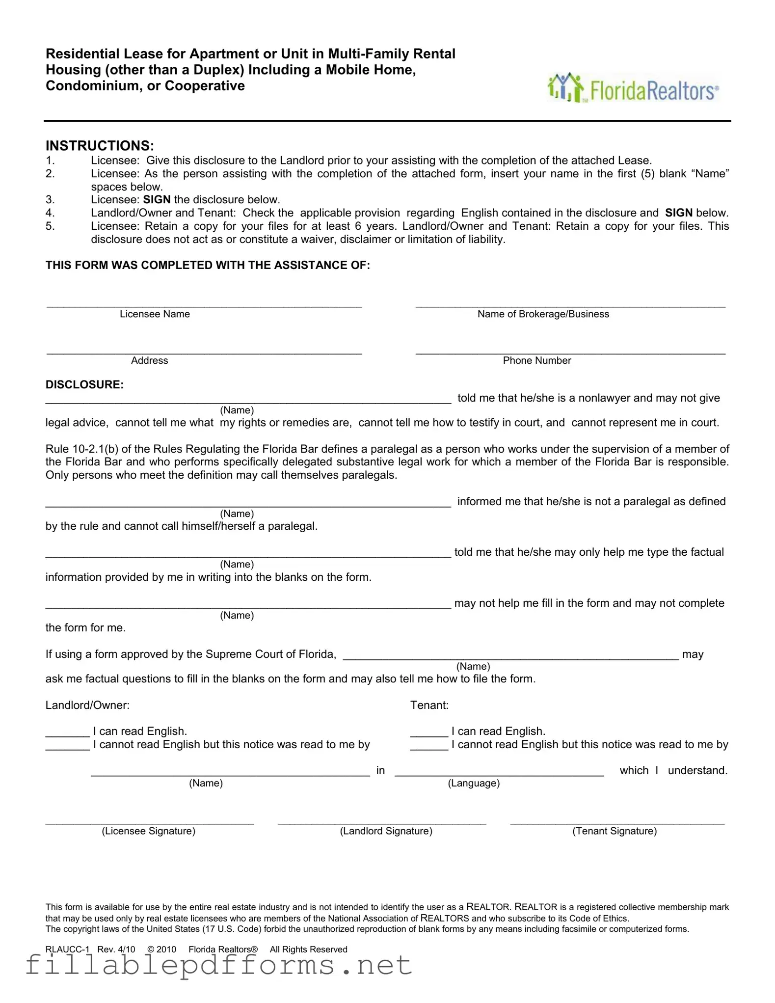 Florida Realtors Residential Lease PDF Template