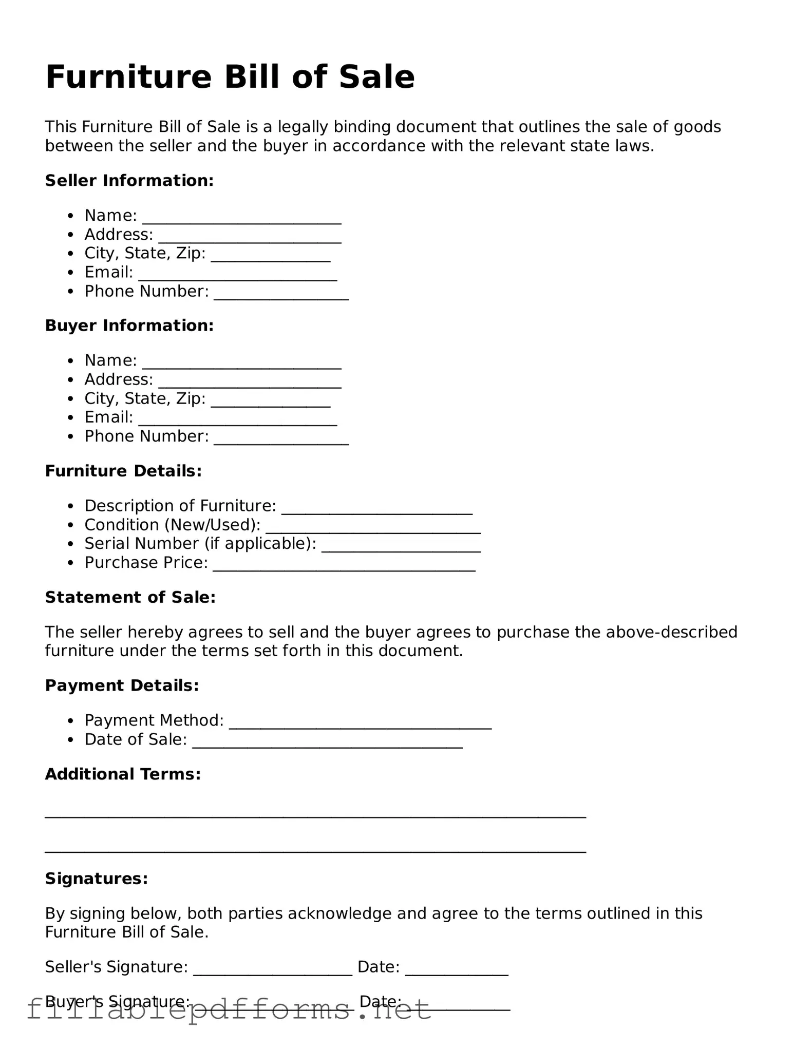 Blank Furniture Bill of Sale Template