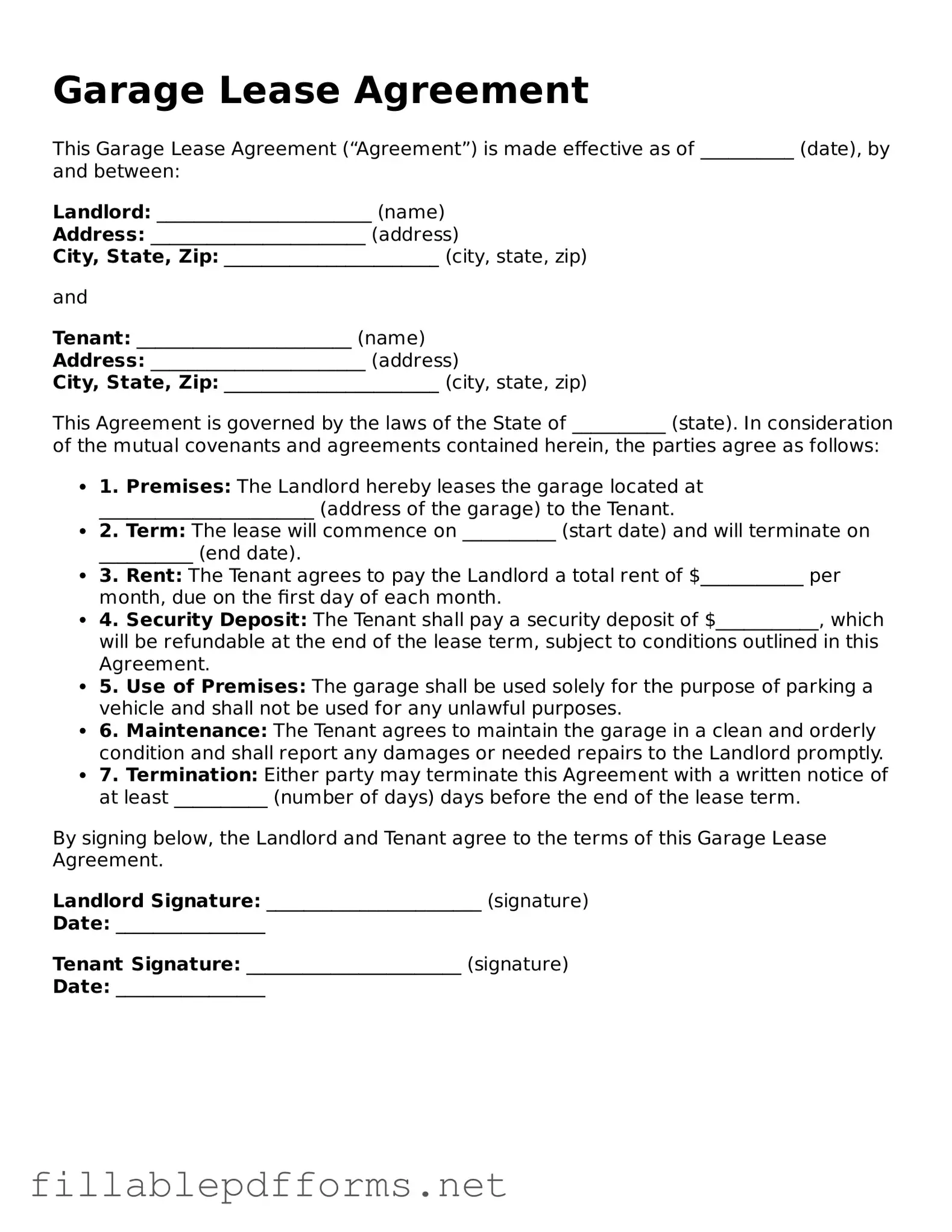Blank Garage Lease Agreement Template